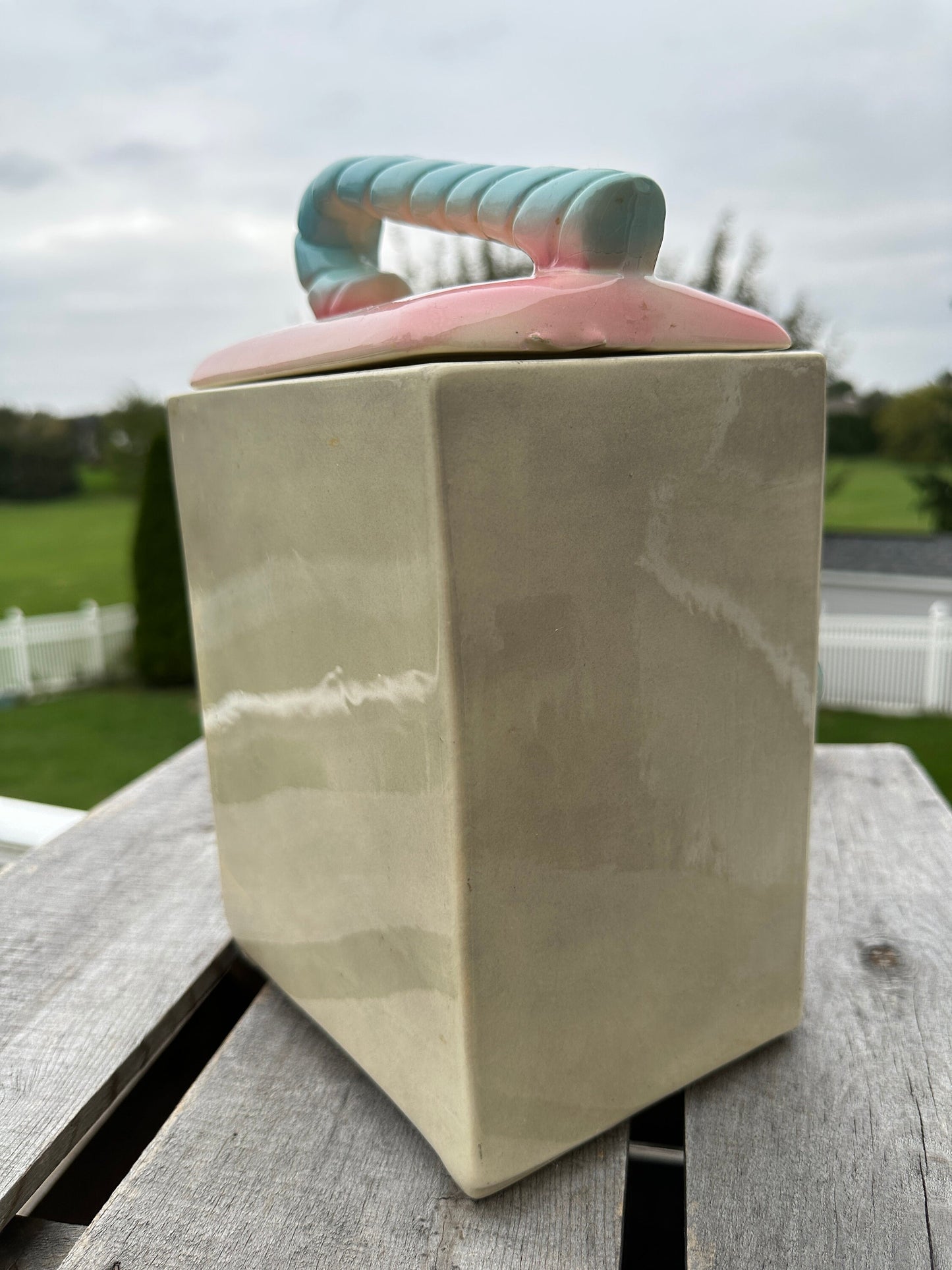 Vintage American Bisque Ugemach Candy Cane Baby Cookie Jar Blue Pink Gray Black