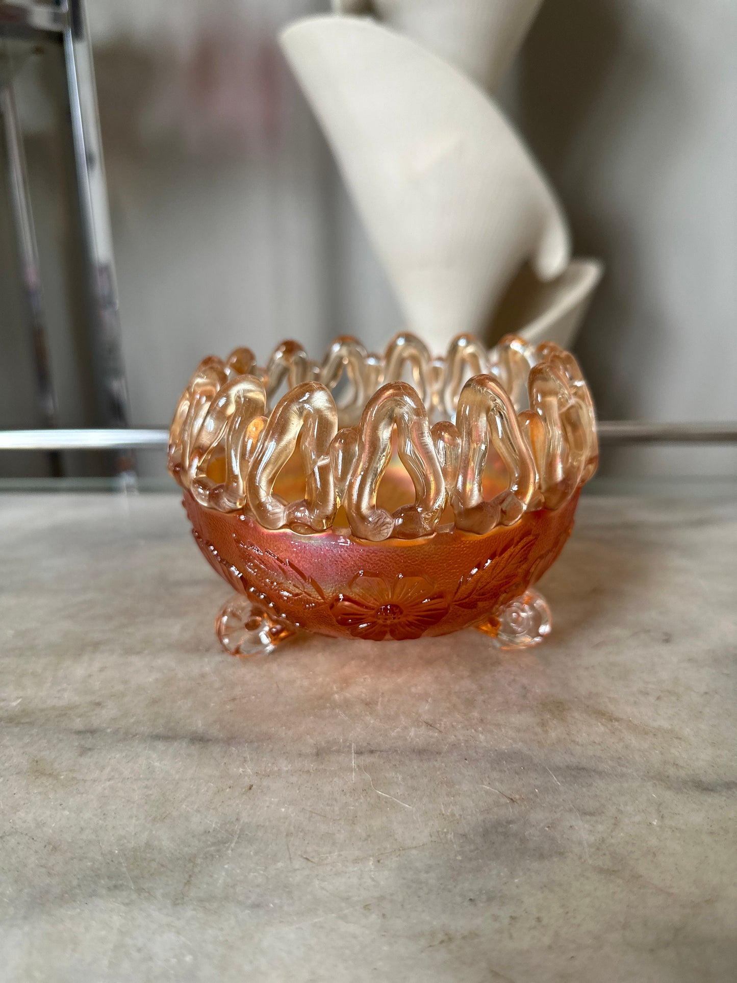 Antique Northwood Marigold Carnival Glass Rose Bowl: Wild Rose, Open Edge, Three Footed