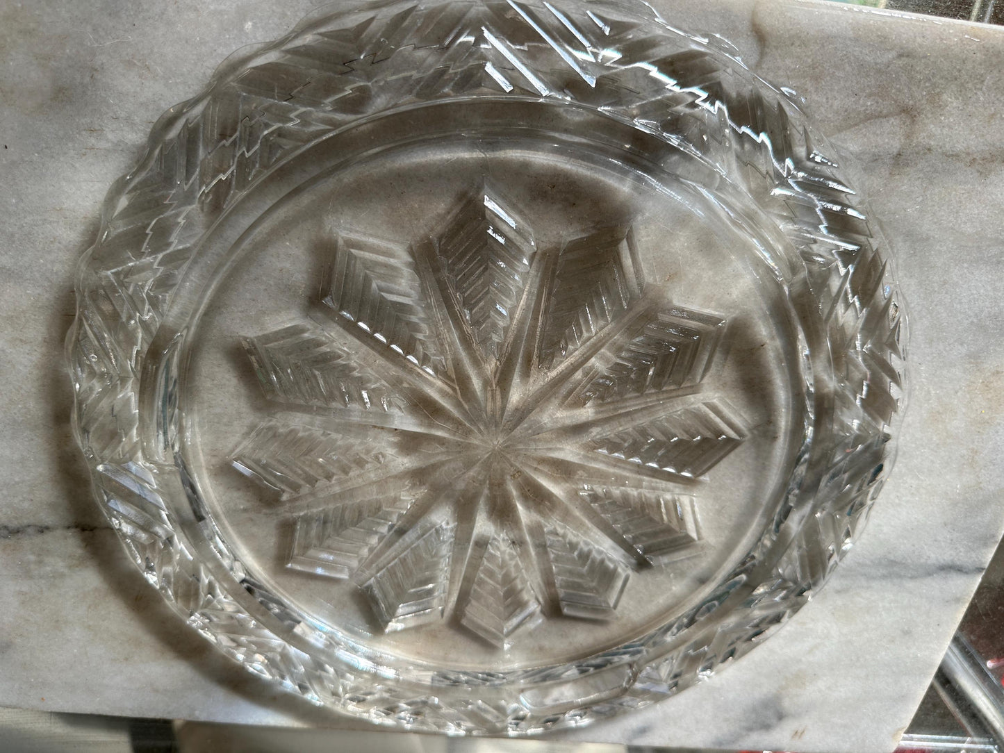 Vintage Chevron Star footed Glass Cake Plate server With chrome Cover lid wood knob