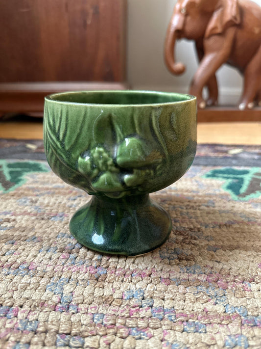 Mid Century Hunter Green Tree Stump with Mushrooms Goblet Planter - Vintage 1960's Toadstool Glazed Ceramic Flower Pot - Woodland Vase