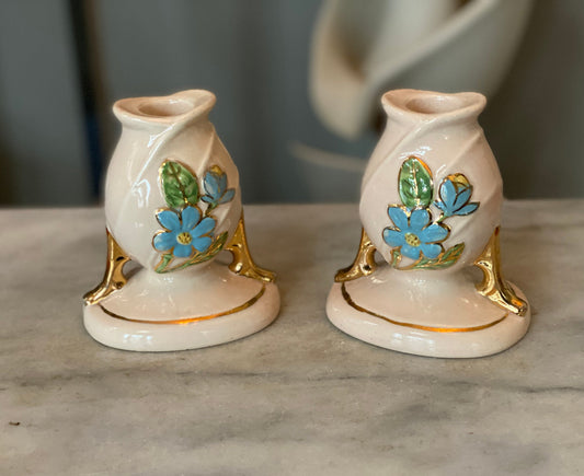 Mid-century Hull Pottery BLUE MAGNOLIA candlestick holders  | H-24 | USA