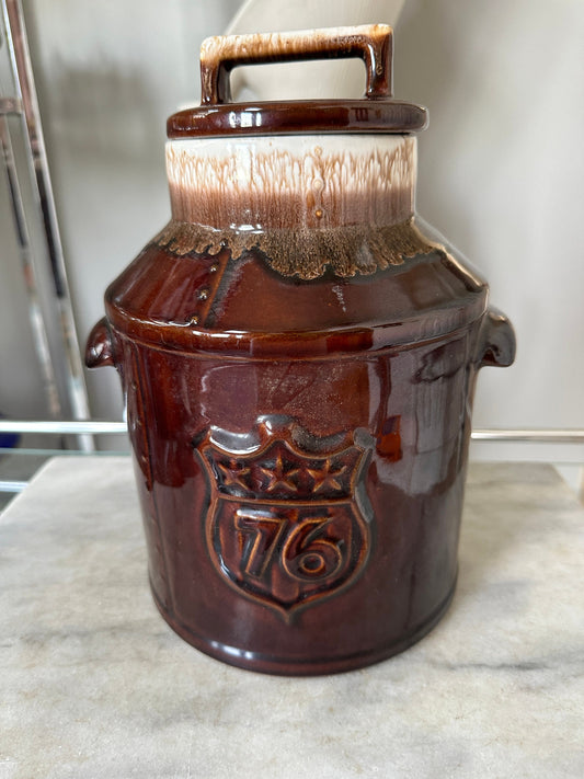 70s vintage McCoy brown drip glaze pottery cookie jar w/ Liberty Bell