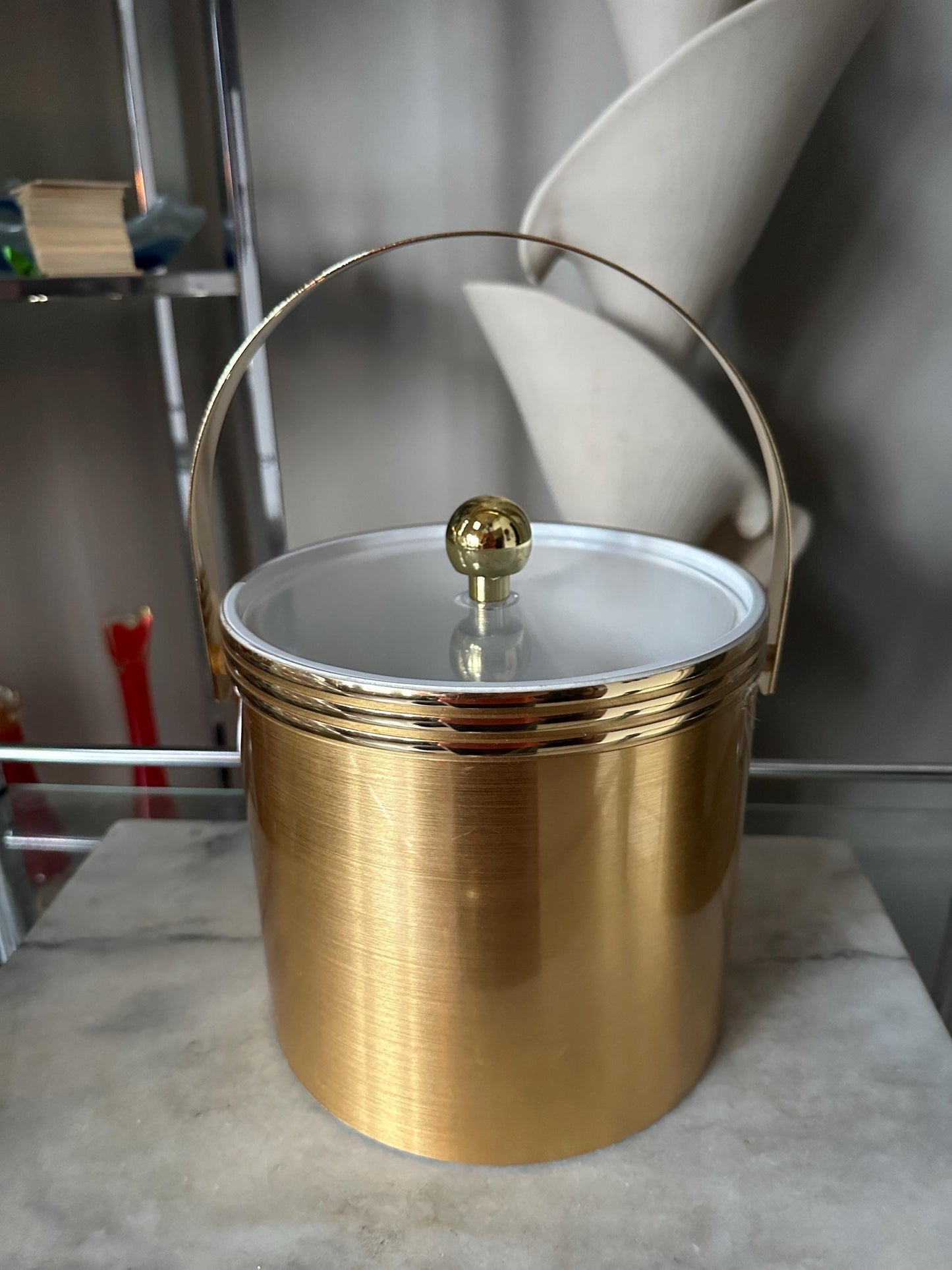 Vintage Gold MCM Ice Bucket: Mid-Century Modern Barware with Lucite Lid
