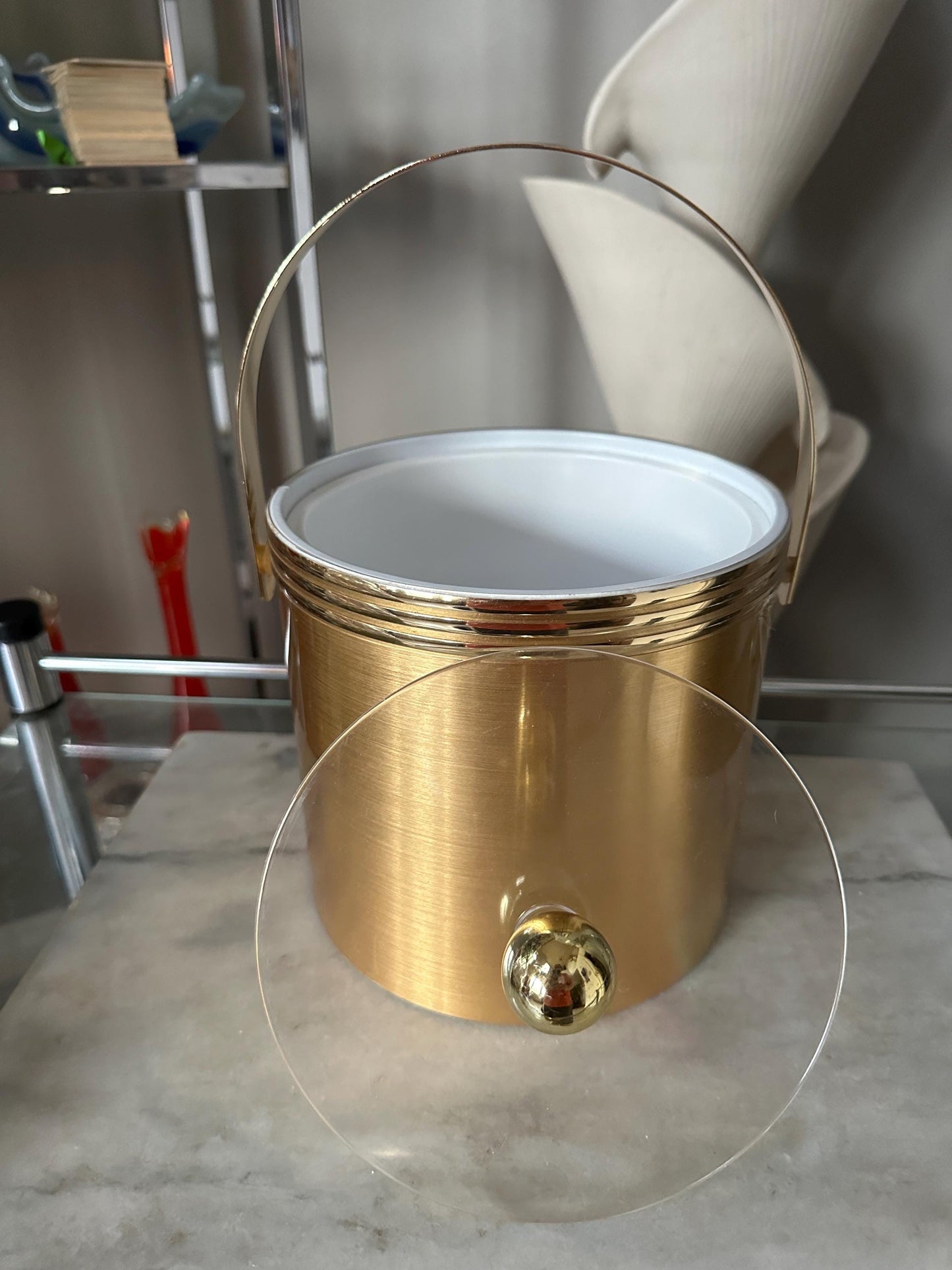 Vintage Gold MCM Ice Bucket: Mid-Century Modern Barware with Lucite Lid