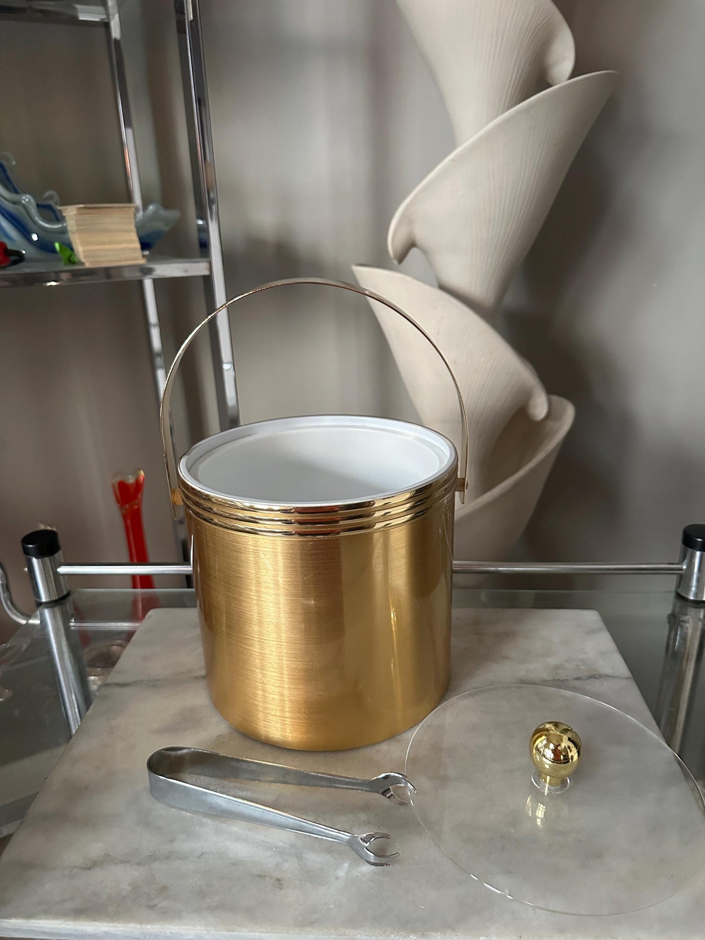 Vintage Gold MCM Ice Bucket: Mid-Century Modern Barware with Lucite Lid