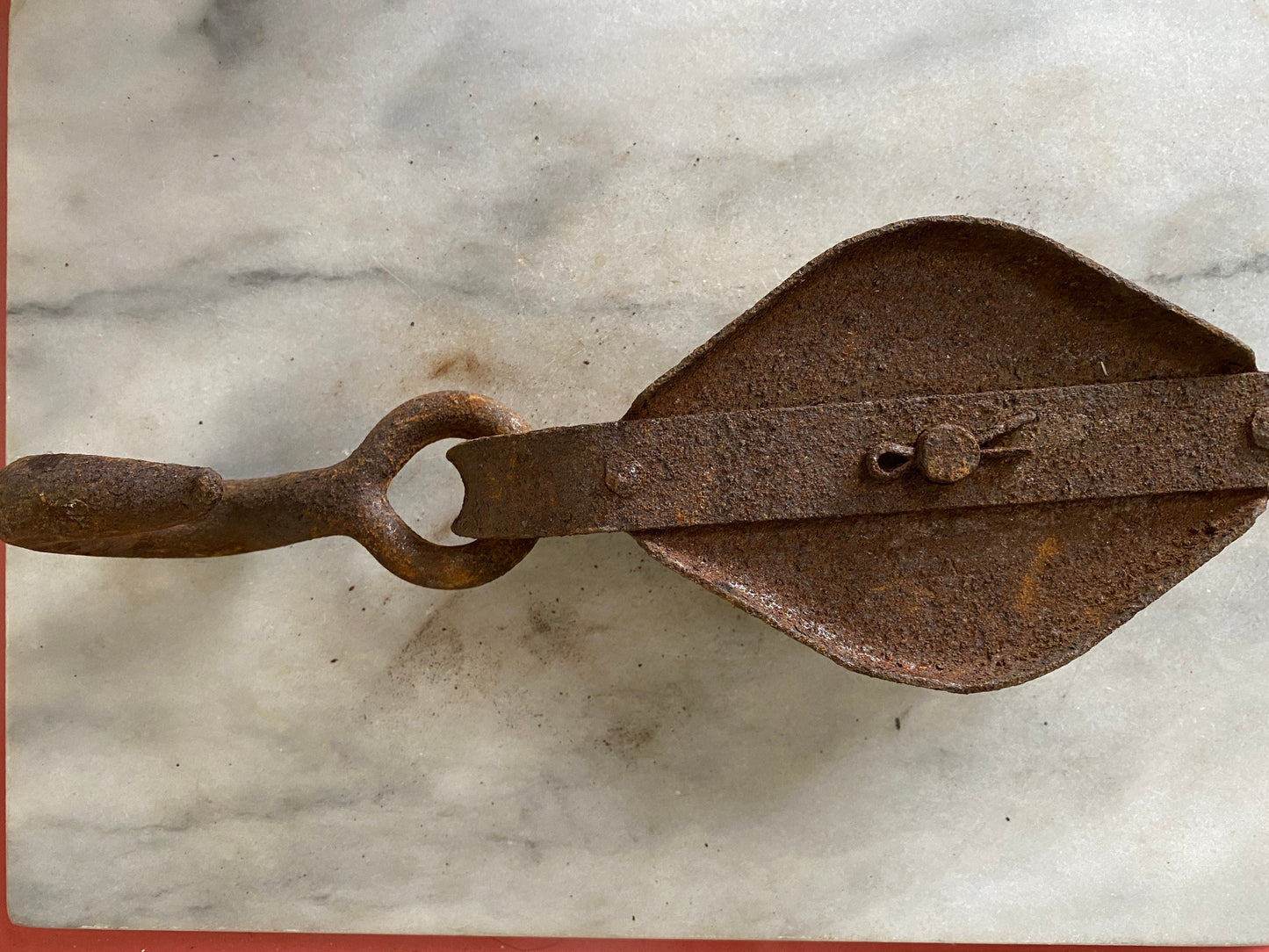 Primitive Industrial Hand Forged and Cast Iron Rusty Double Pulley Rustic Decor Farm Tool With Hook