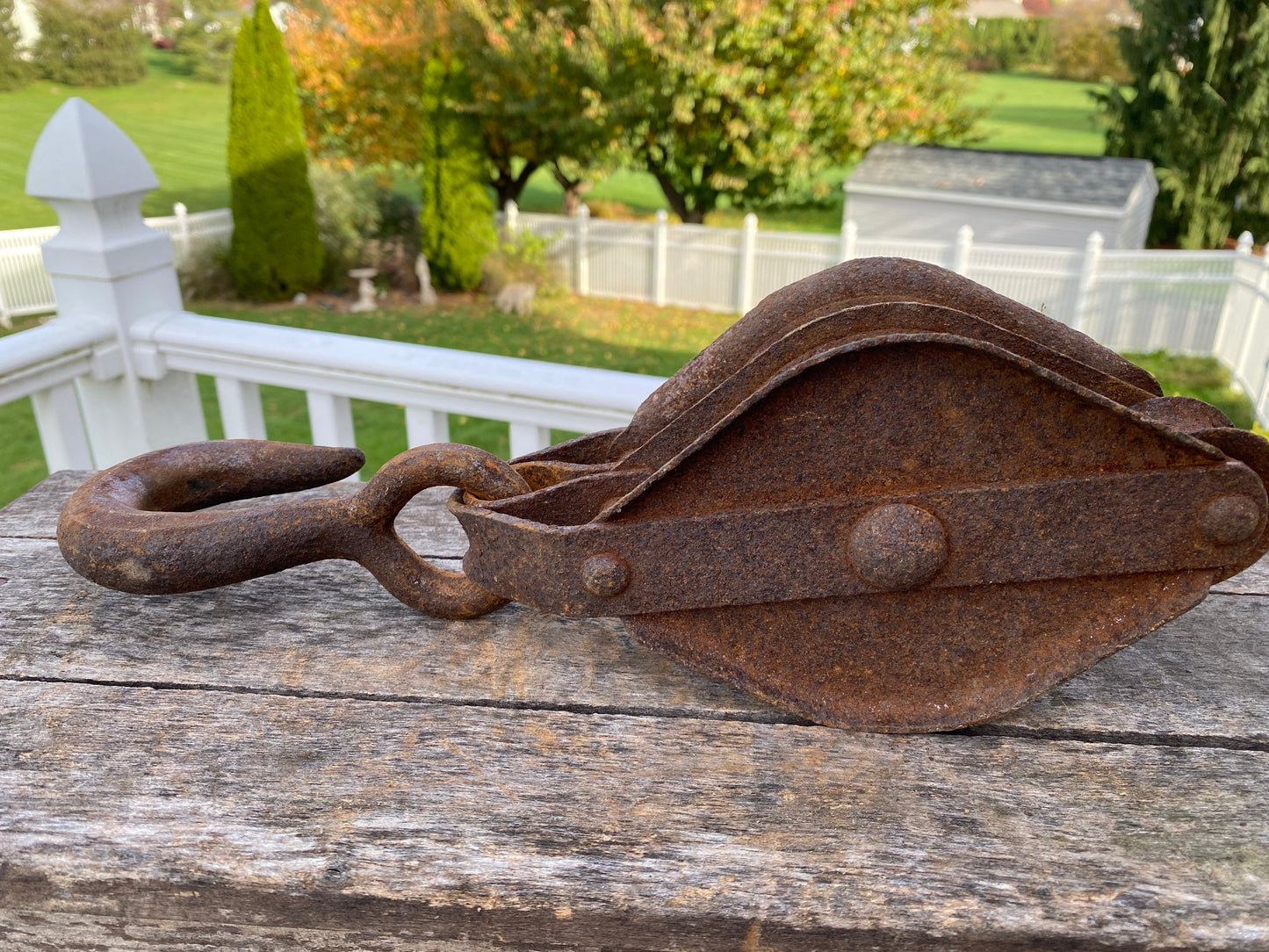 Primitive Industrial Hand Forged and Cast Iron Rusty Double Pulley Rustic Decor Farm Tool With Hook