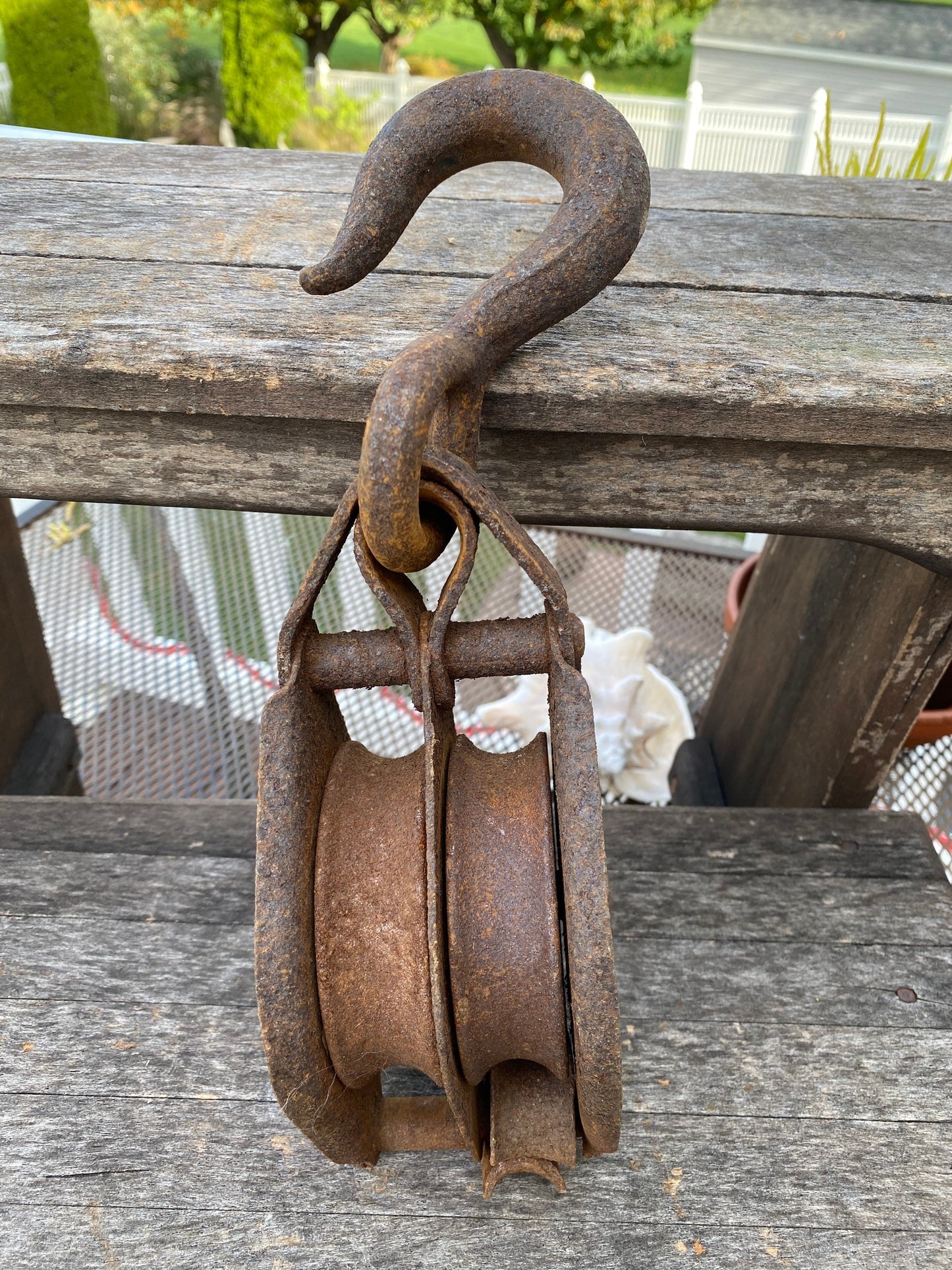 Primitive Industrial Hand Forged and Cast Iron Rusty Double Pulley Rustic Decor Farm Tool With Hook