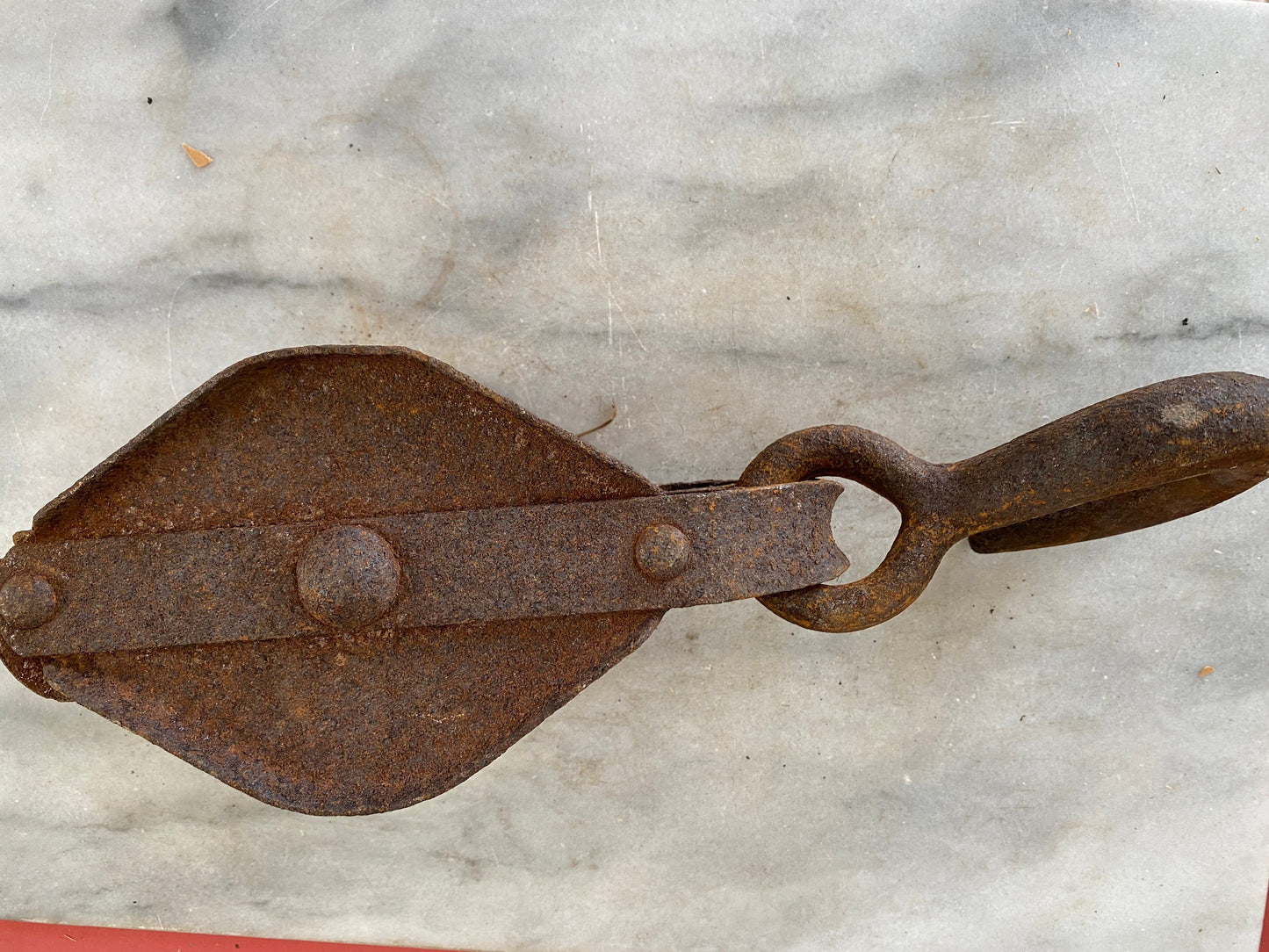Primitive Industrial Hand Forged and Cast Iron Rusty Double Pulley Rustic Decor Farm Tool With Hook