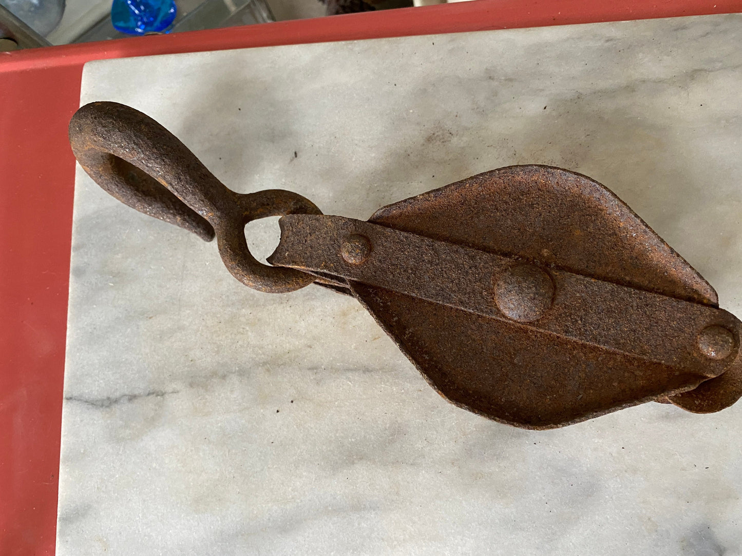 Primitive Industrial Hand Forged and Cast Iron Rusty Double Pulley Rustic Decor Farm Tool With Hook