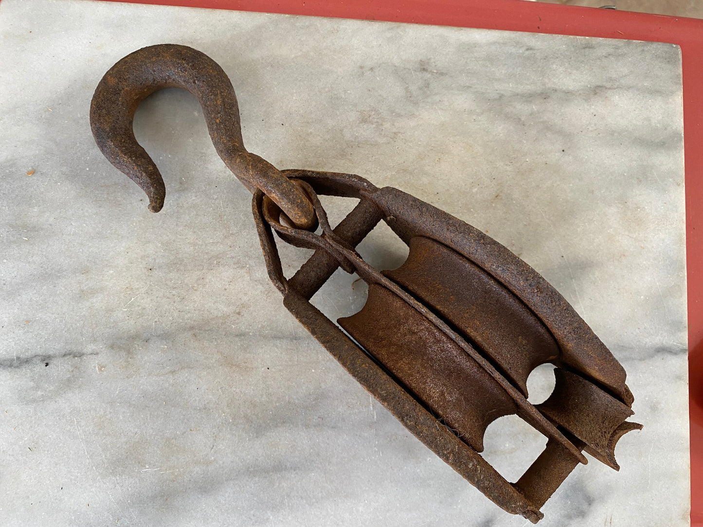 Primitive Industrial Hand Forged and Cast Iron Rusty Double Pulley Rustic Decor Farm Tool With Hook