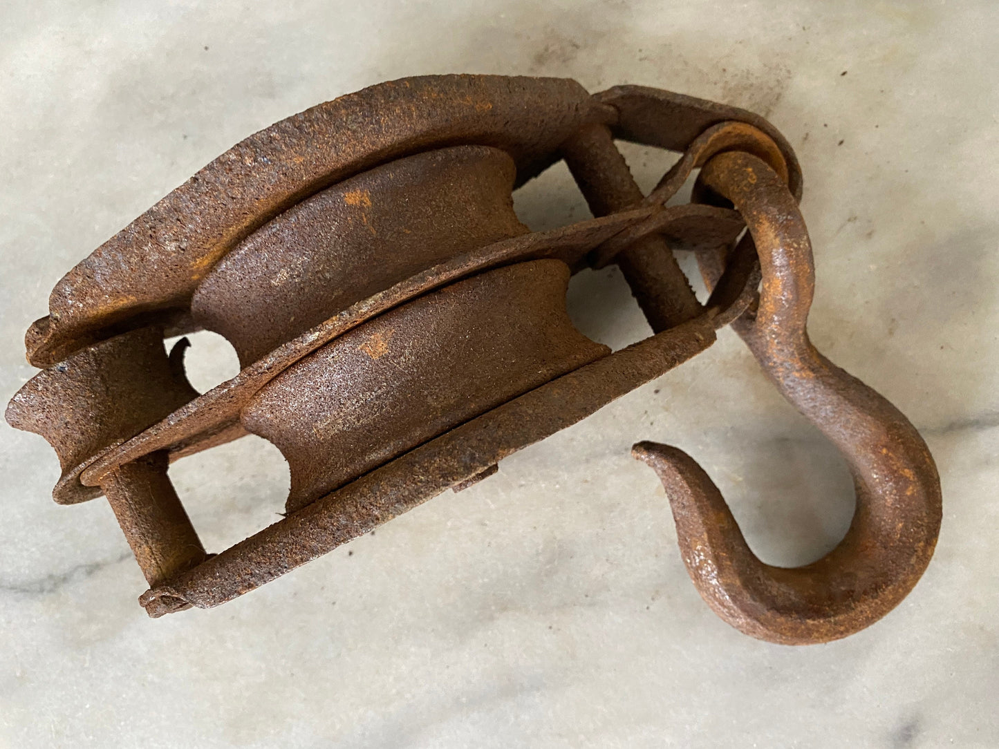 Primitive Industrial Hand Forged and Cast Iron Rusty Double Pulley Rustic Decor Farm Tool With Hook