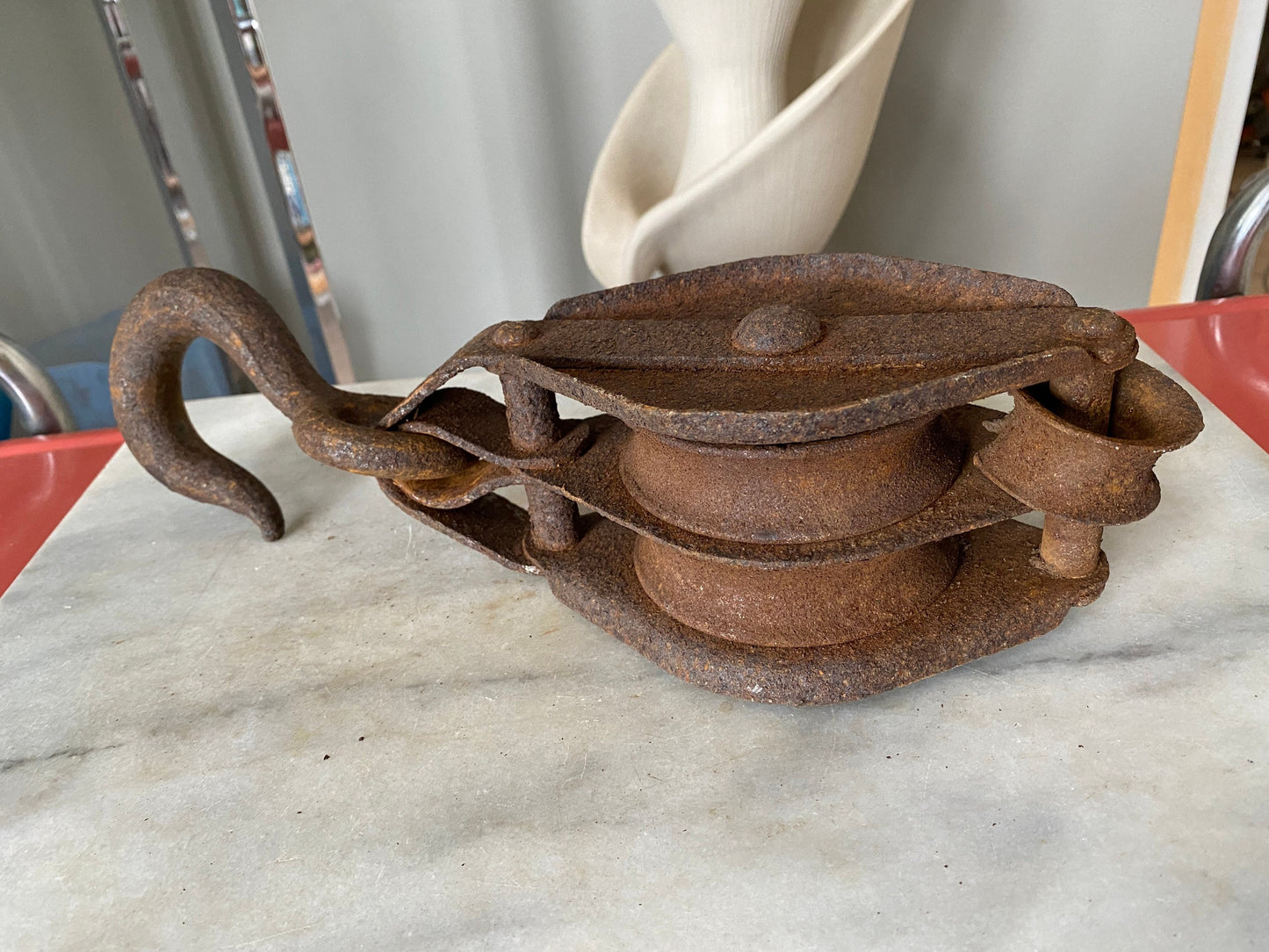 Primitive Industrial Hand Forged and Cast Iron Rusty Double Pulley Rustic Decor Farm Tool With Hook