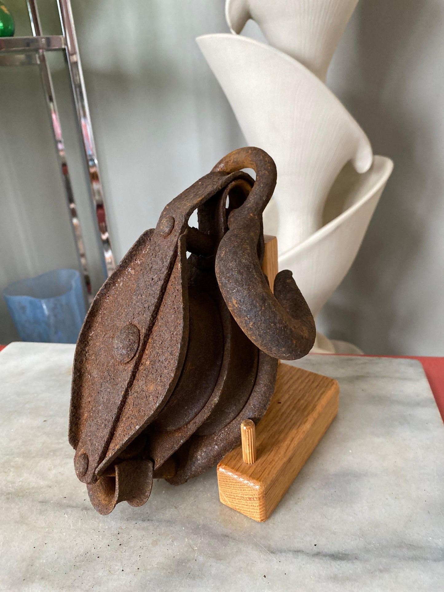 Primitive Industrial Hand Forged and Cast Iron Rusty Double Pulley Rustic Decor Farm Tool With Hook
