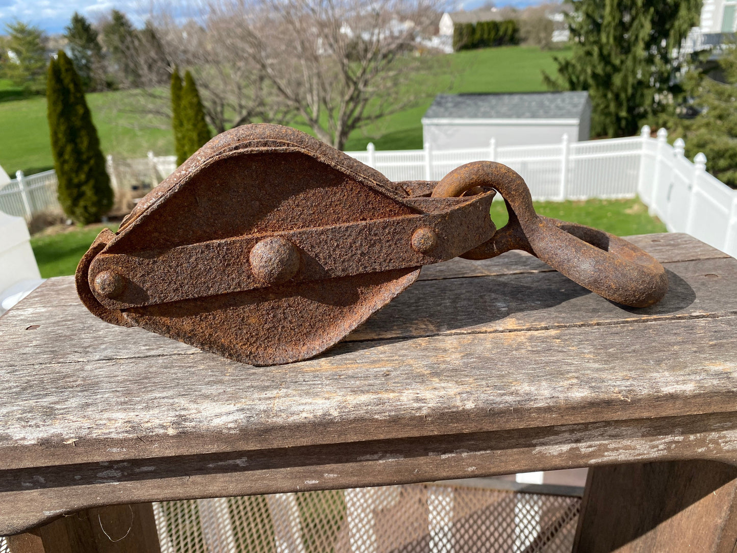 Primitive Industrial Hand Forged and Cast Iron Rusty Double Pulley Rustic Decor Farm Tool With Hook