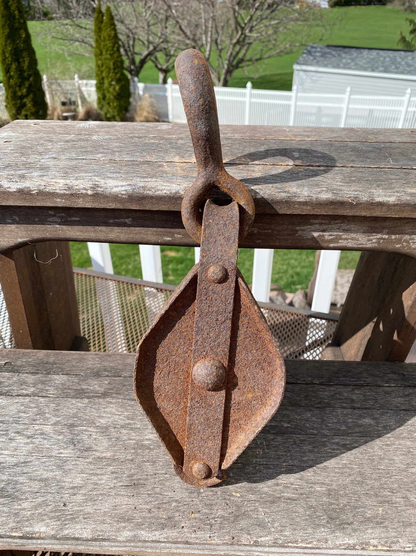 Primitive Industrial Hand Forged and Cast Iron Rusty Double Pulley Rustic Decor Farm Tool With Hook