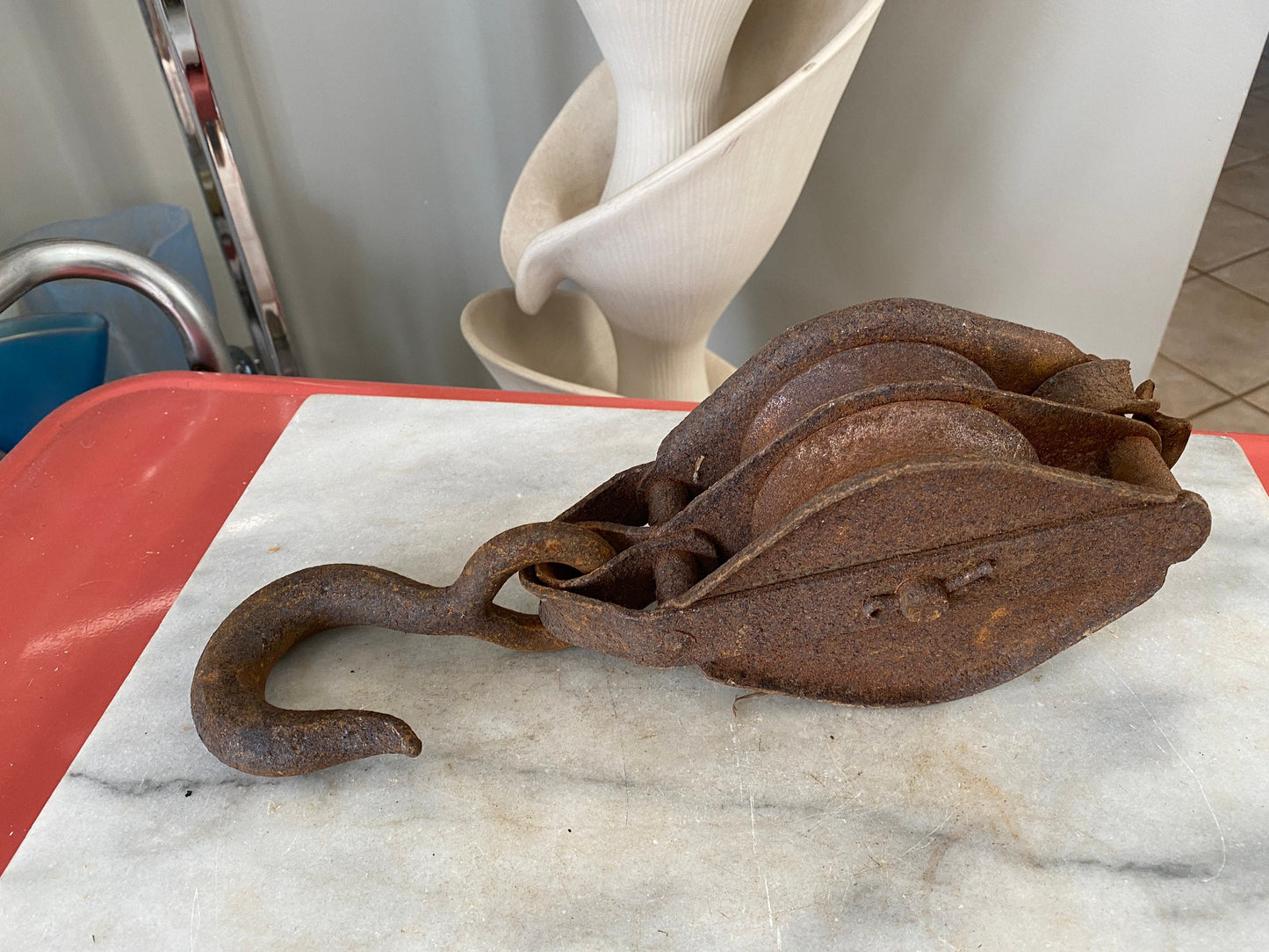 Primitive Industrial Hand Forged and Cast Iron Rusty Double Pulley Rustic Decor Farm Tool With Hook