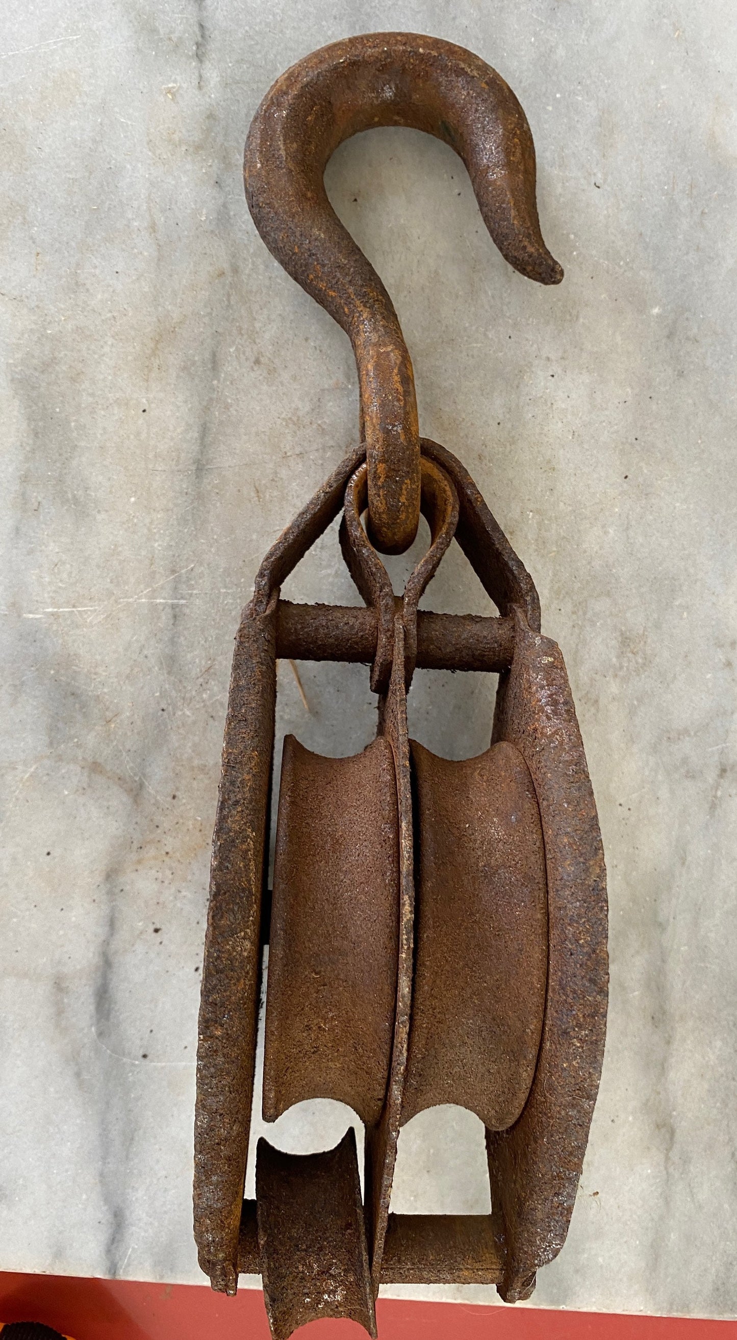 Primitive Industrial Hand Forged and Cast Iron Rusty Double Pulley Rustic Decor Farm Tool With Hook