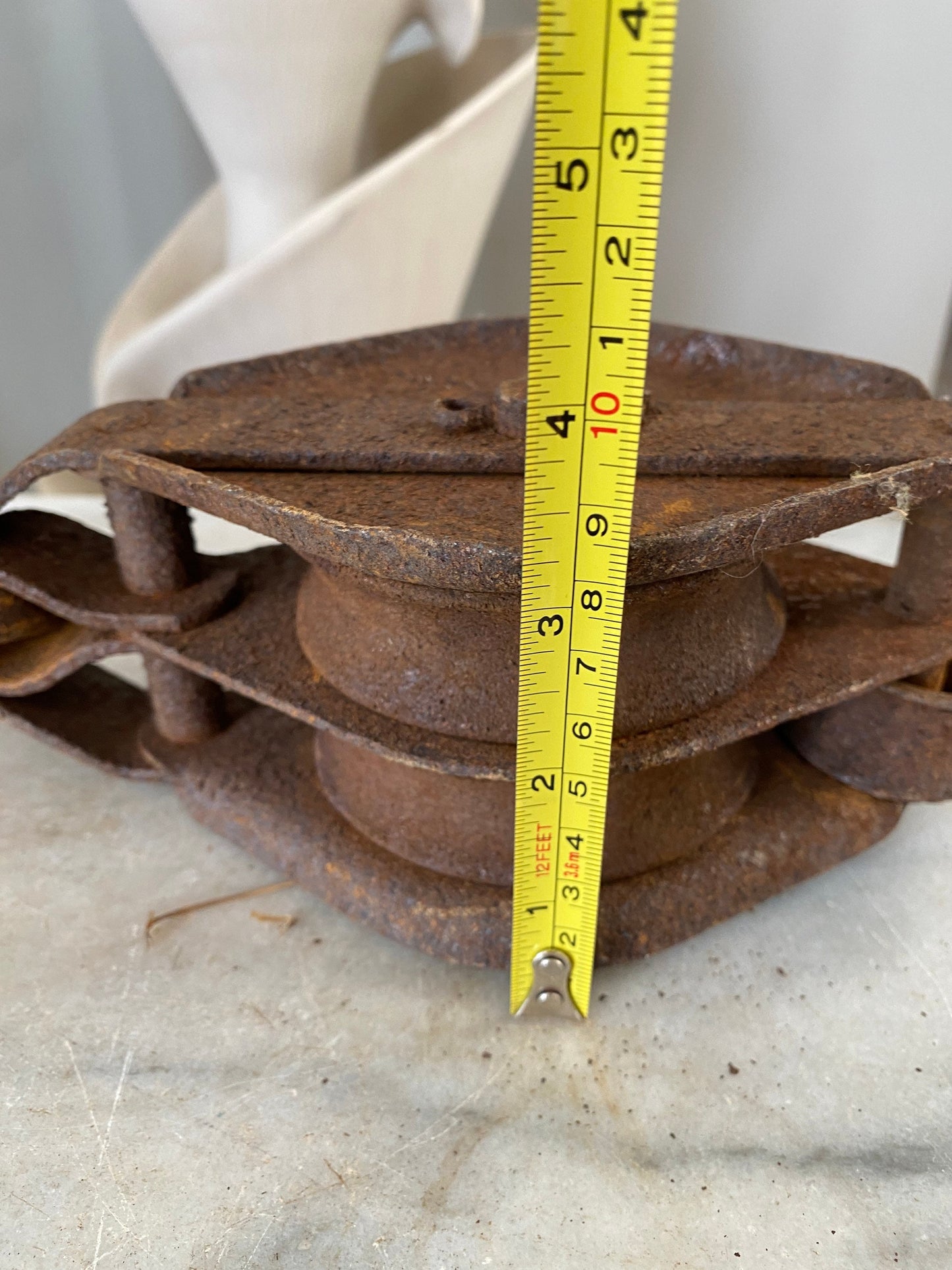 Primitive Industrial Hand Forged and Cast Iron Rusty Double Pulley Rustic Decor Farm Tool With Hook