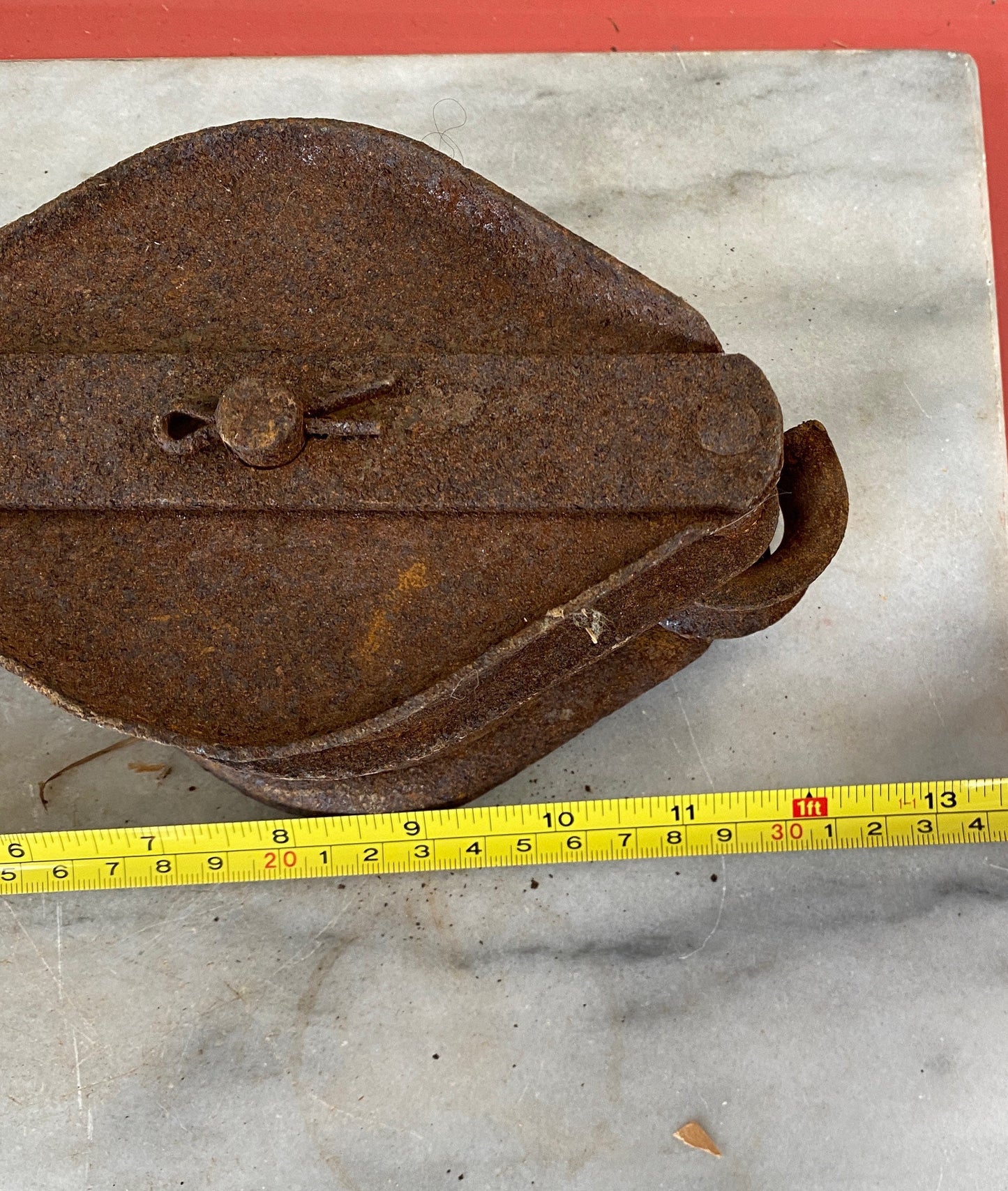 Primitive Industrial Hand Forged and Cast Iron Rusty Double Pulley Rustic Decor Farm Tool With Hook