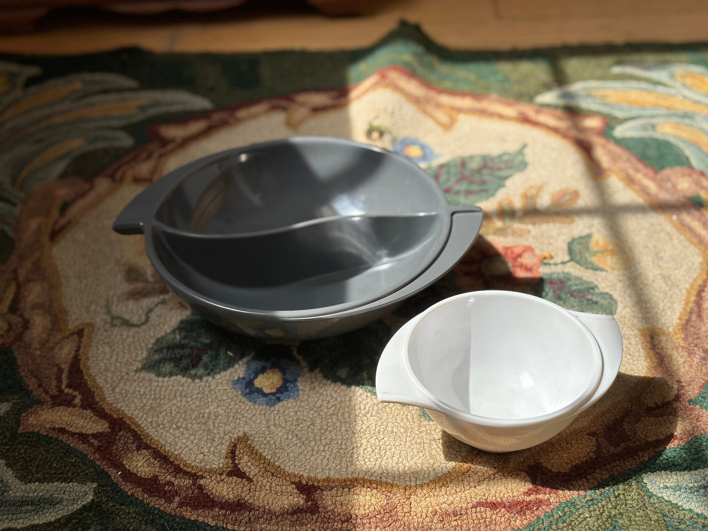 Vintage Boonton Melamine Bowls: Grey Divided Serving Bowl & White Bowl Set