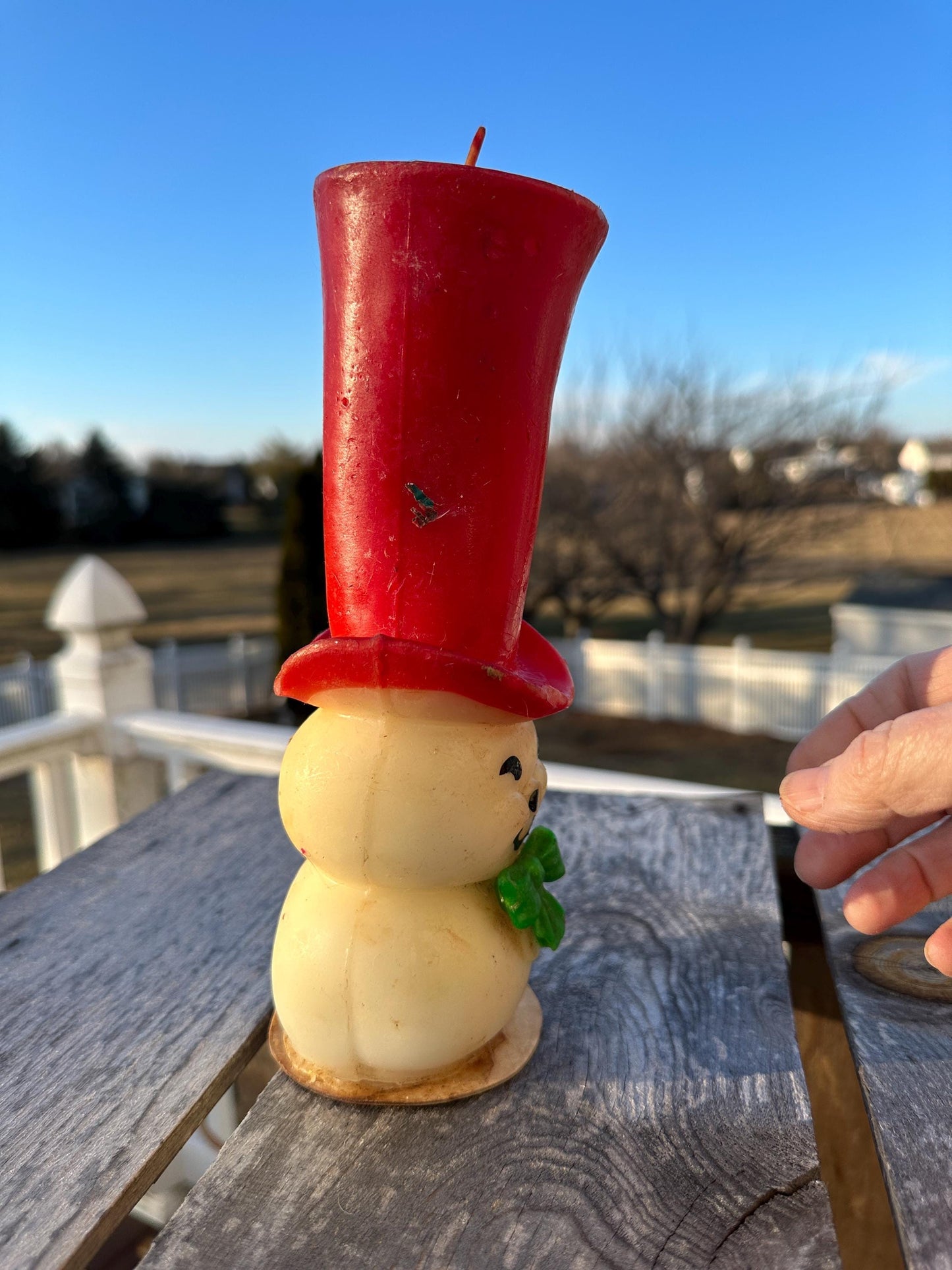 Vintage Mid Century Modern Snowman Top Hat Christmas Candle 8 1/2" Tall