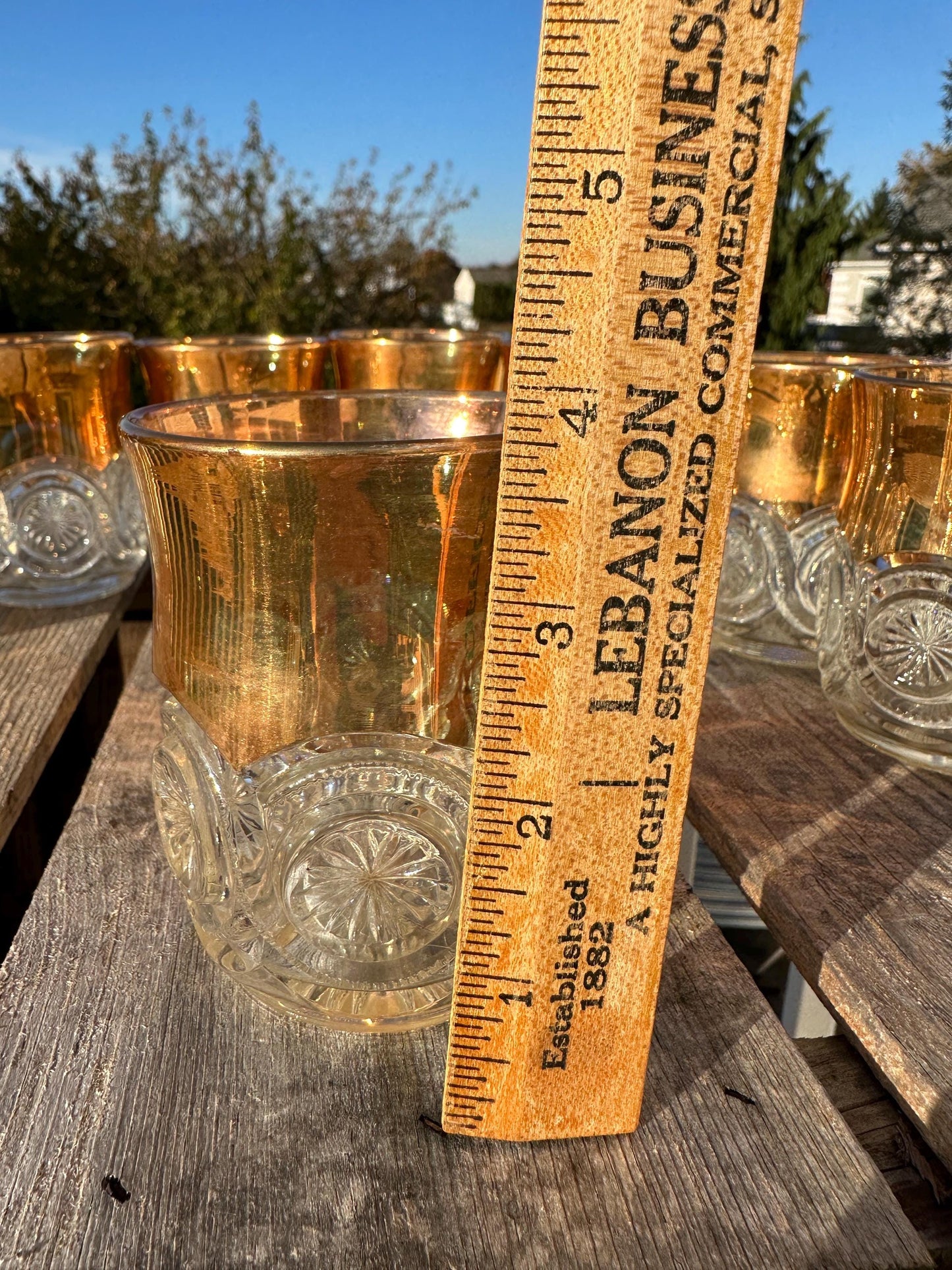 Vintage EAPG Duncan Miller Block and Medallion Starburst Pitcher and 8 tumblers gold trim