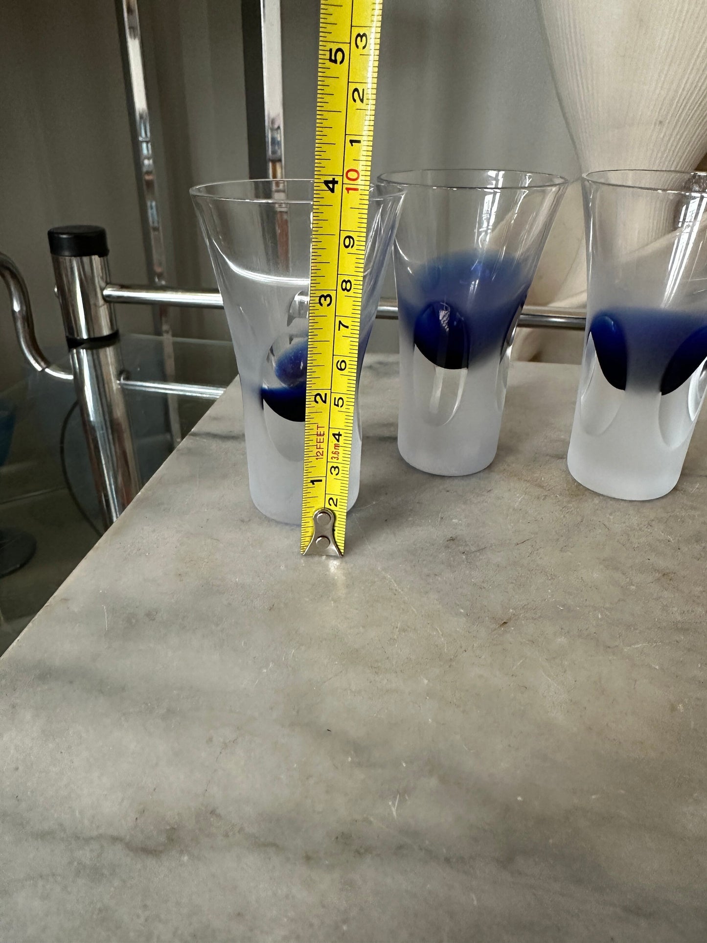 Vintage Mid Century Modern Blue Glass Ice Bucket & Shot Glass Set