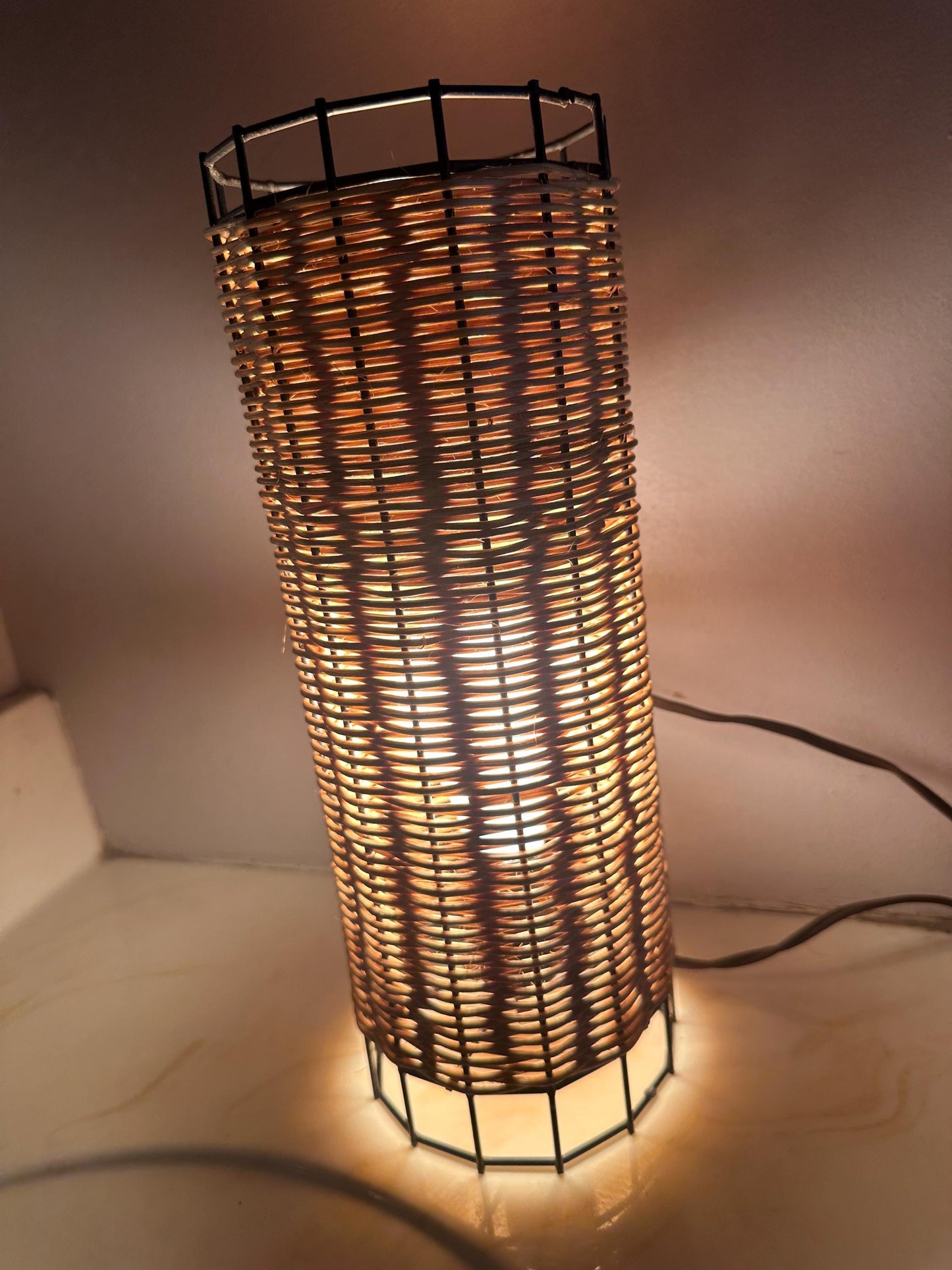 Midcentury Paul Mayen Habitat Style Black Wire & Woven Rattan Lamp, 1960s