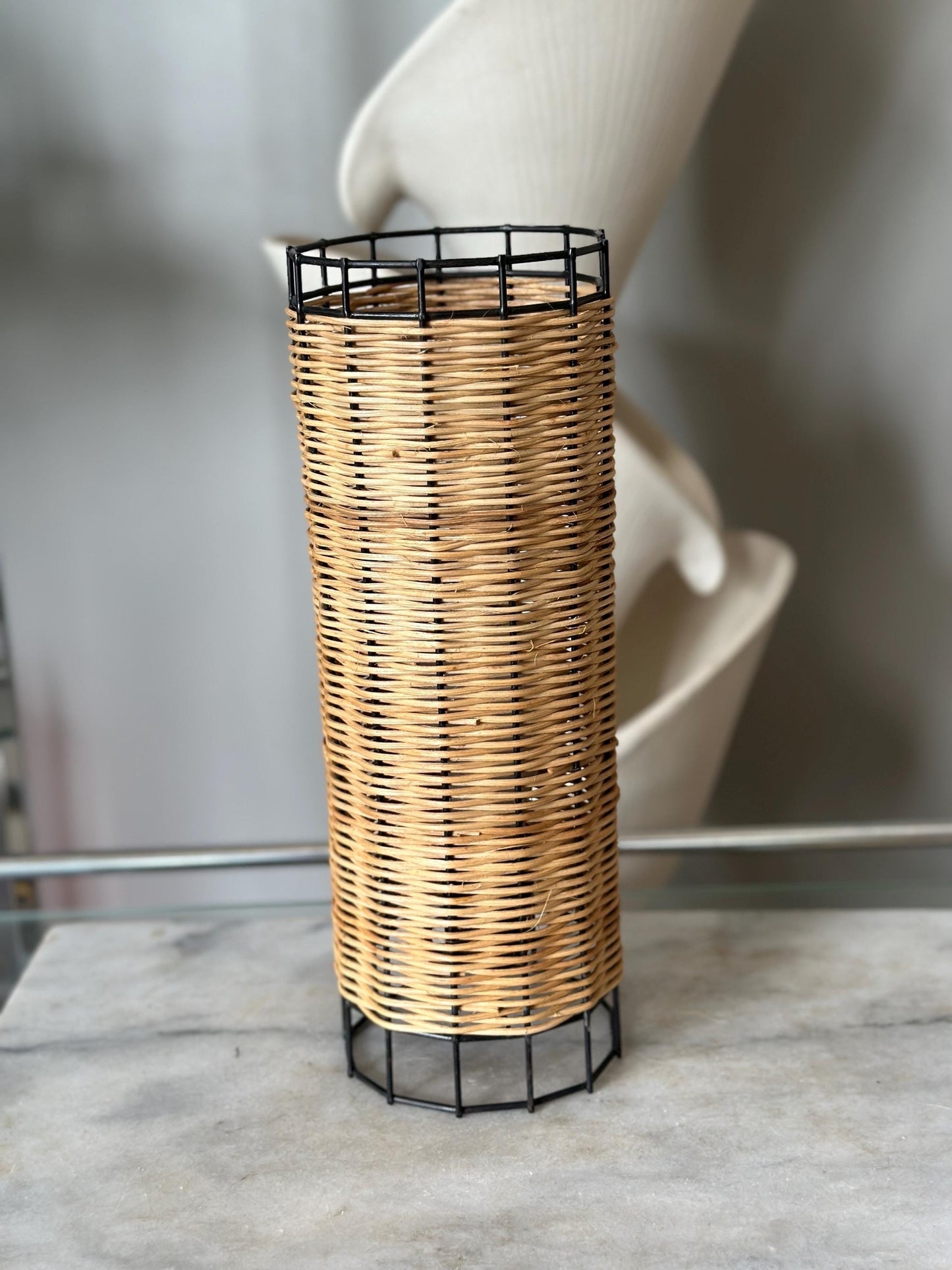 Midcentury Paul Mayen Habitat Style Black Wire & Woven Rattan Lamp, 1960s