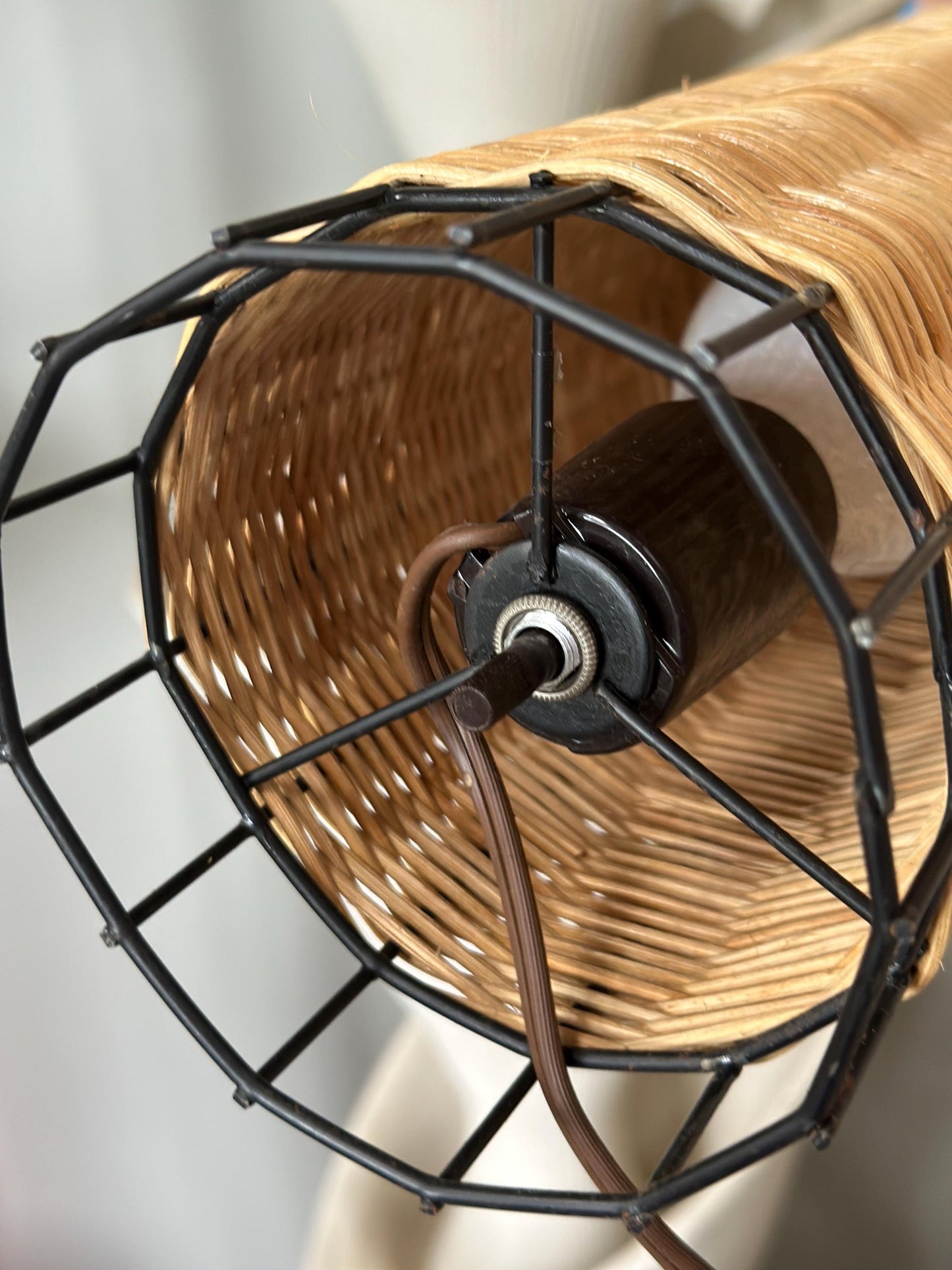 Midcentury Paul Mayen Habitat Style Black Wire & Woven Rattan Lamp, 1960s