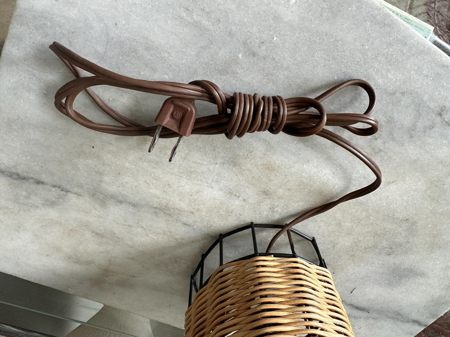 Midcentury Paul Mayen Habitat Style Black Wire & Woven Rattan Lamp, 1960s
