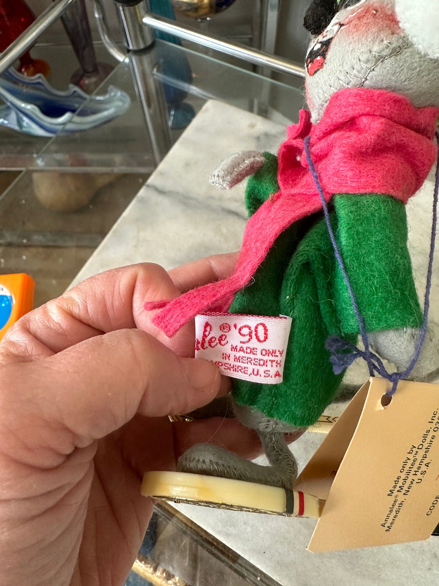 Vintage Annalee Christmas Mouse Snowshoes Tennis Rackets Holiday Collectible, 7” high