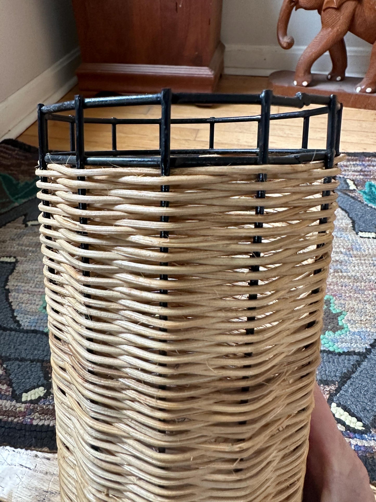 Midcentury Paul Mayen Habitat Style Black Wire & Woven Rattan Lamp, 1960s