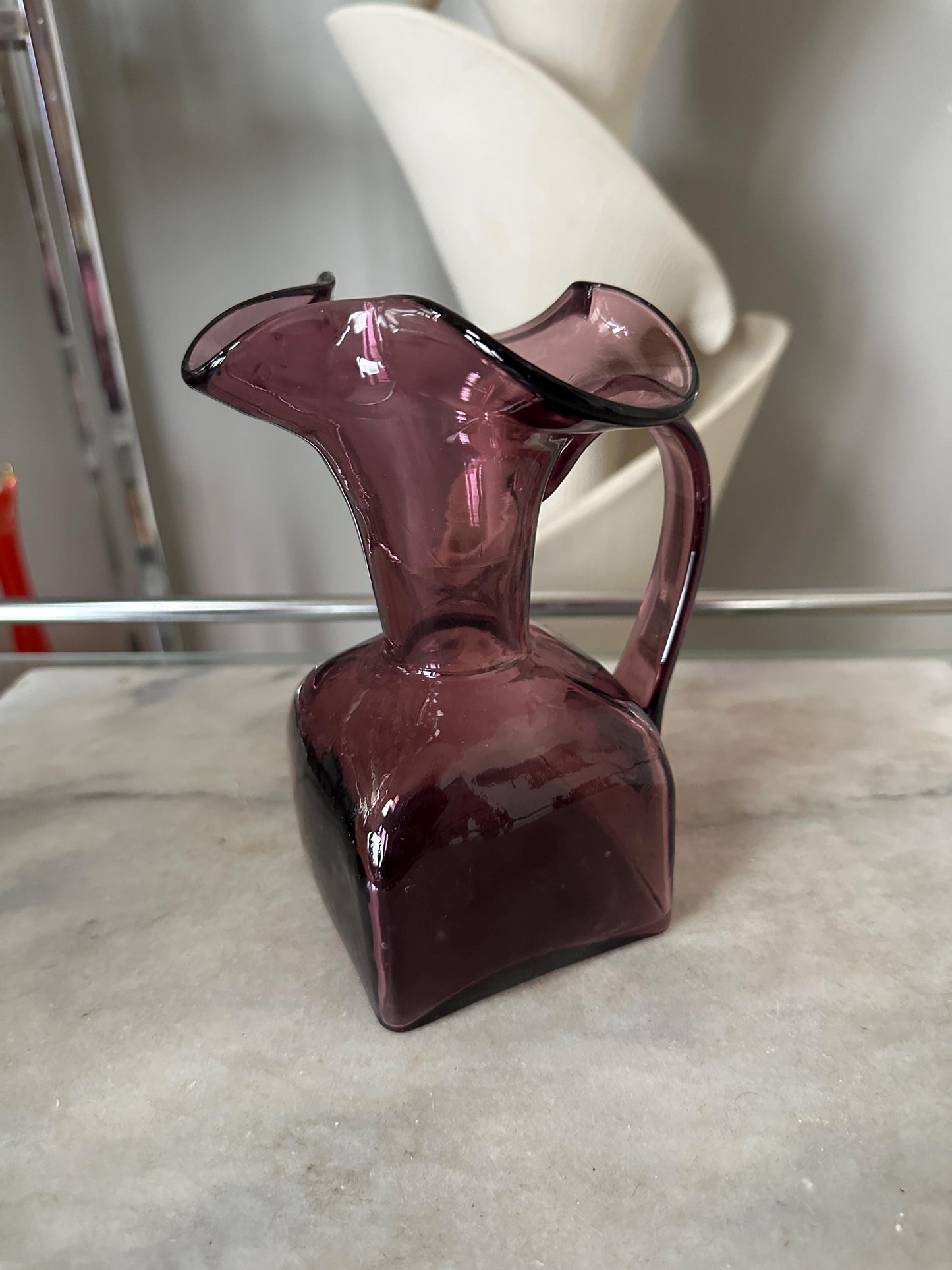 Vintage Hand Blown Art Glass Amethyst Purple Pitcher Applied Handle Fluted top
