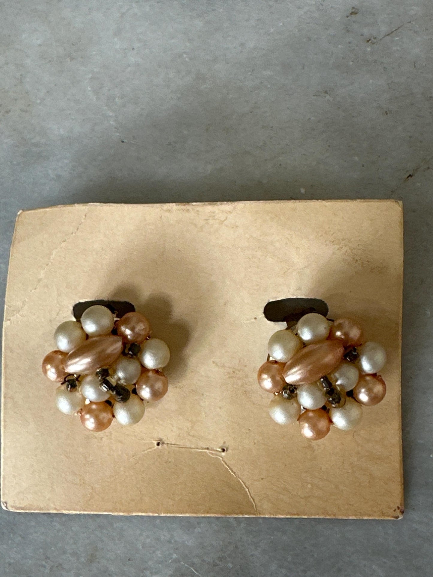 Vintage Pearl Cluster Clip On Earrings: Hong Kong Gold Tone Jewelry
