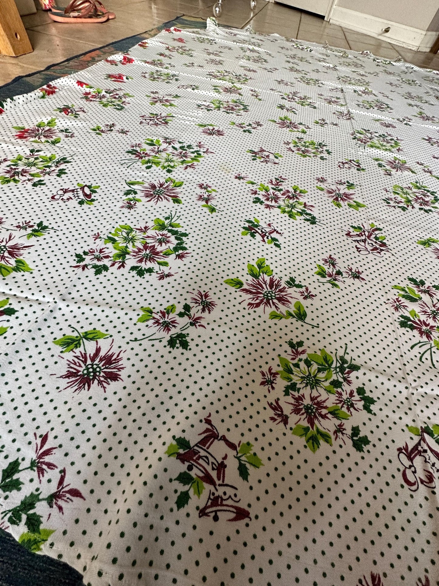 Vtg Christmas Oval Tablecloth Bells Poinsettia Pinecone Poly/Cotton Blend Retro 58 x 76