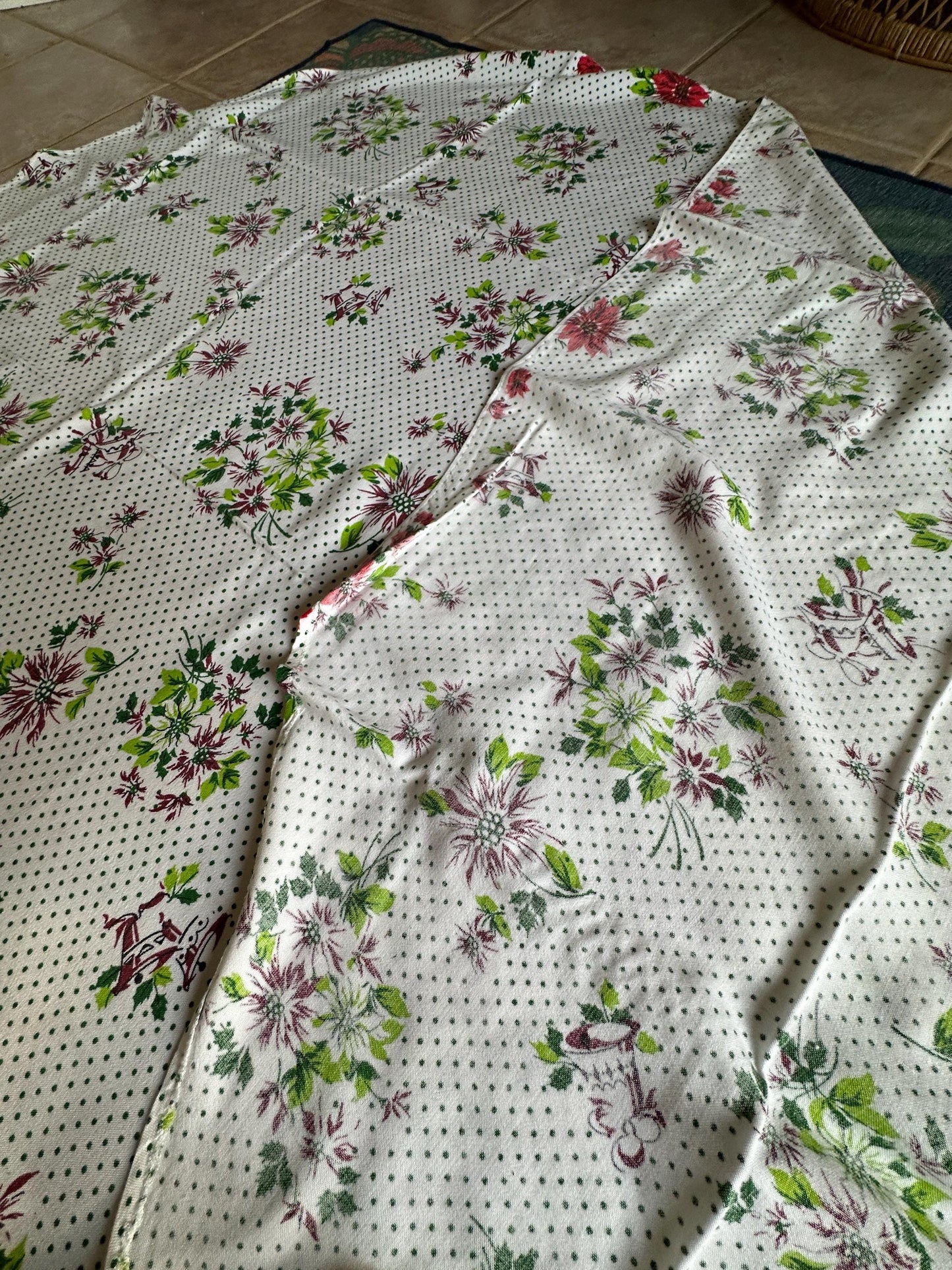 Vtg Christmas Oval Tablecloth Bells Poinsettia Pinecone Poly/Cotton Blend Retro 58 x 76