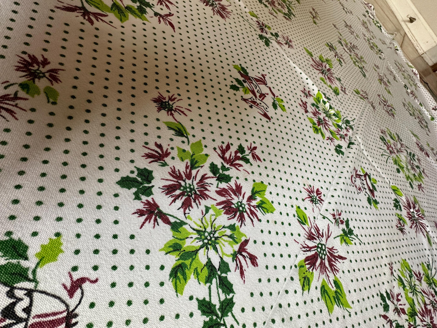 Vtg Christmas Oval Tablecloth Bells Poinsettia Pinecone Poly/Cotton Blend Retro 58 x 76