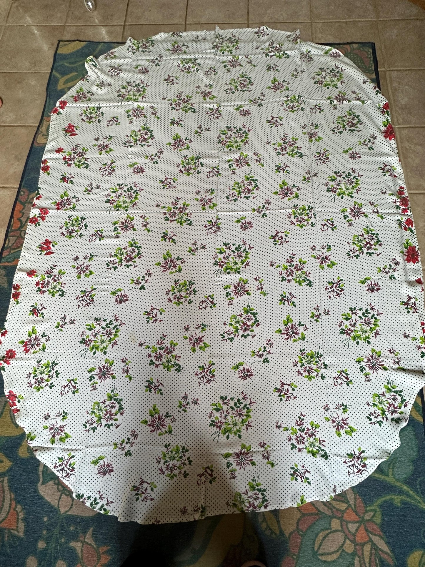 Vtg Christmas Oval Tablecloth Bells Poinsettia Pinecone Poly/Cotton Blend Retro 58 x 76