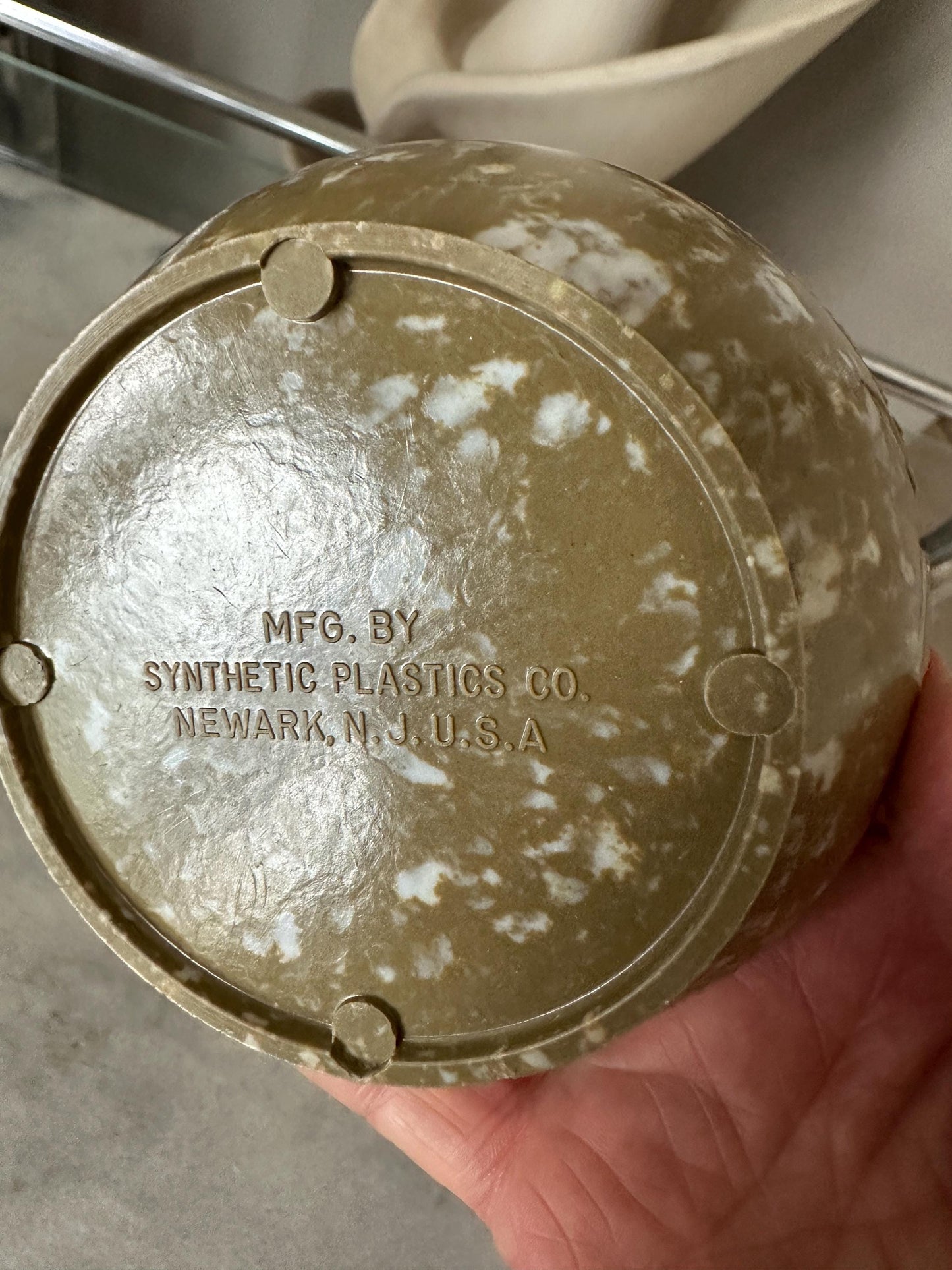 Vintage Synthetic Plastics Co. Taupe, Brown White Speckled Confetti Ashtray Newark NJ