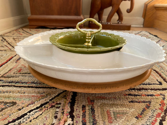 Mid Century California Pottery 267 Lazy Susan Condiment Tray | Avocado Green and White MCM Tray