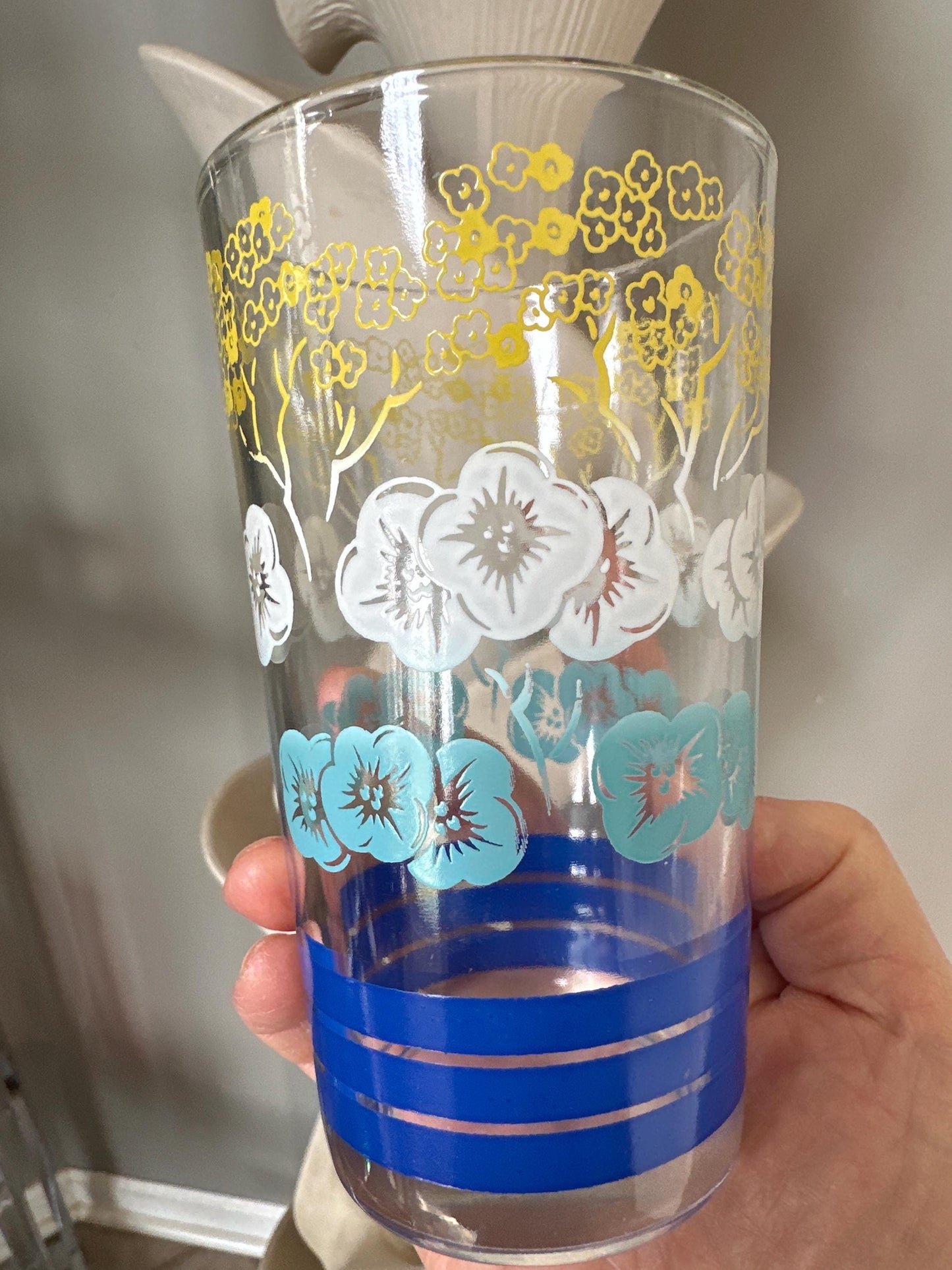 Vintage Pansy Water Glasses: Retro Blue, Yellow & White Tumblers - Set of 2