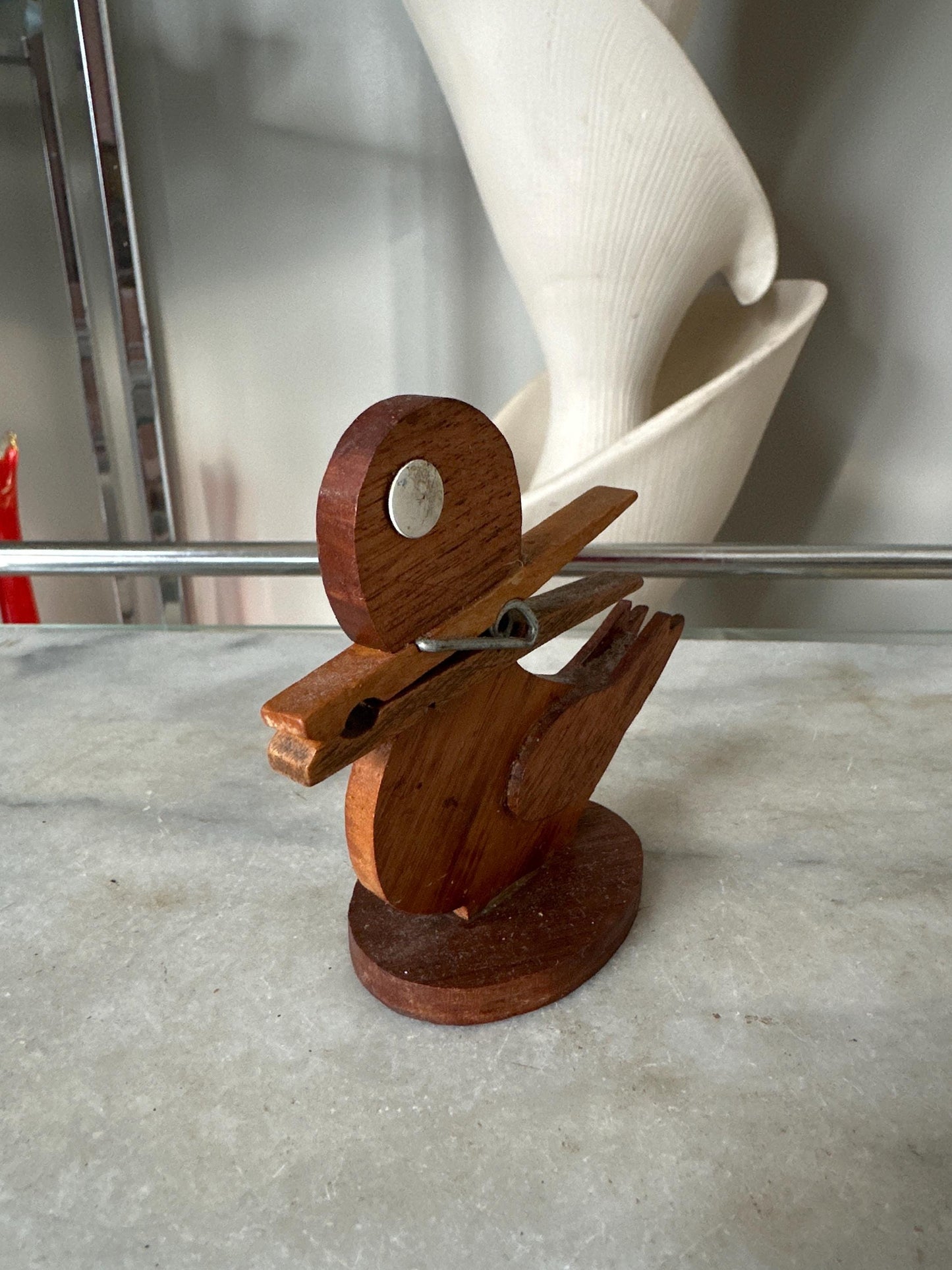 Quirky Handcrafted Wood Duck Figural Clothespin Bill / Recipe / Note Decorative Holder