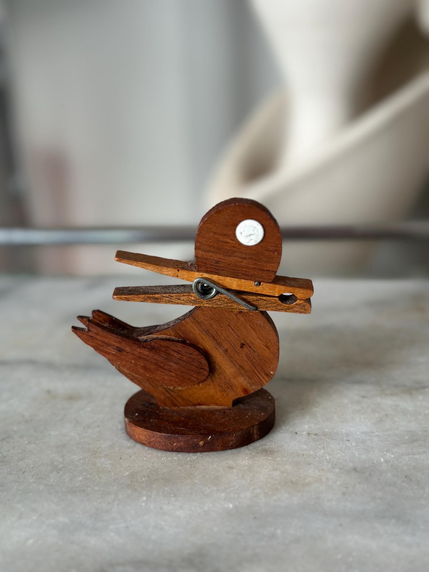 Quirky Handcrafted Wood Duck Figural Clothespin Bill / Recipe / Note Decorative Holder