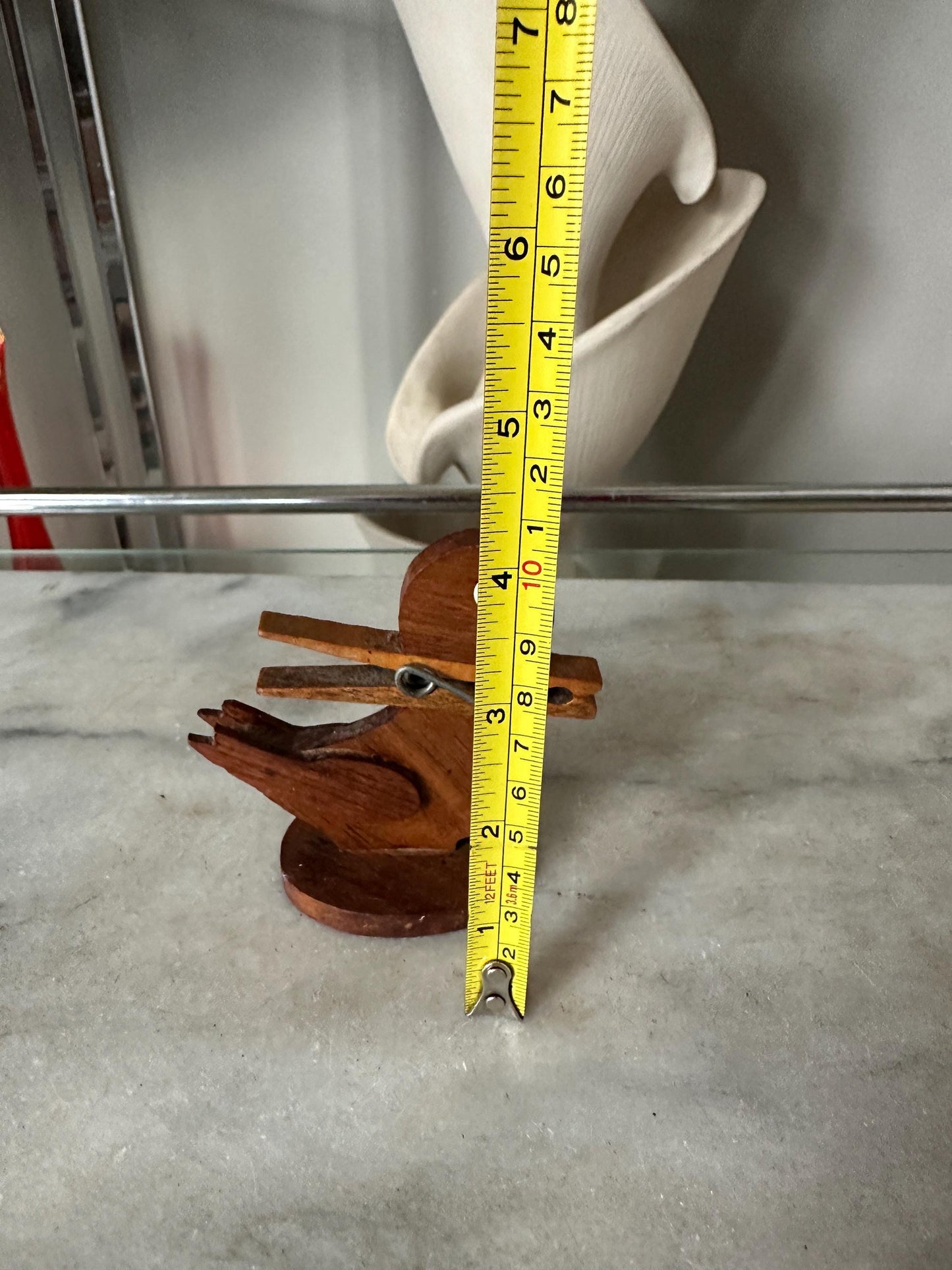 Quirky Handcrafted Wood Duck Figural Clothespin Bill / Recipe / Note Decorative Holder