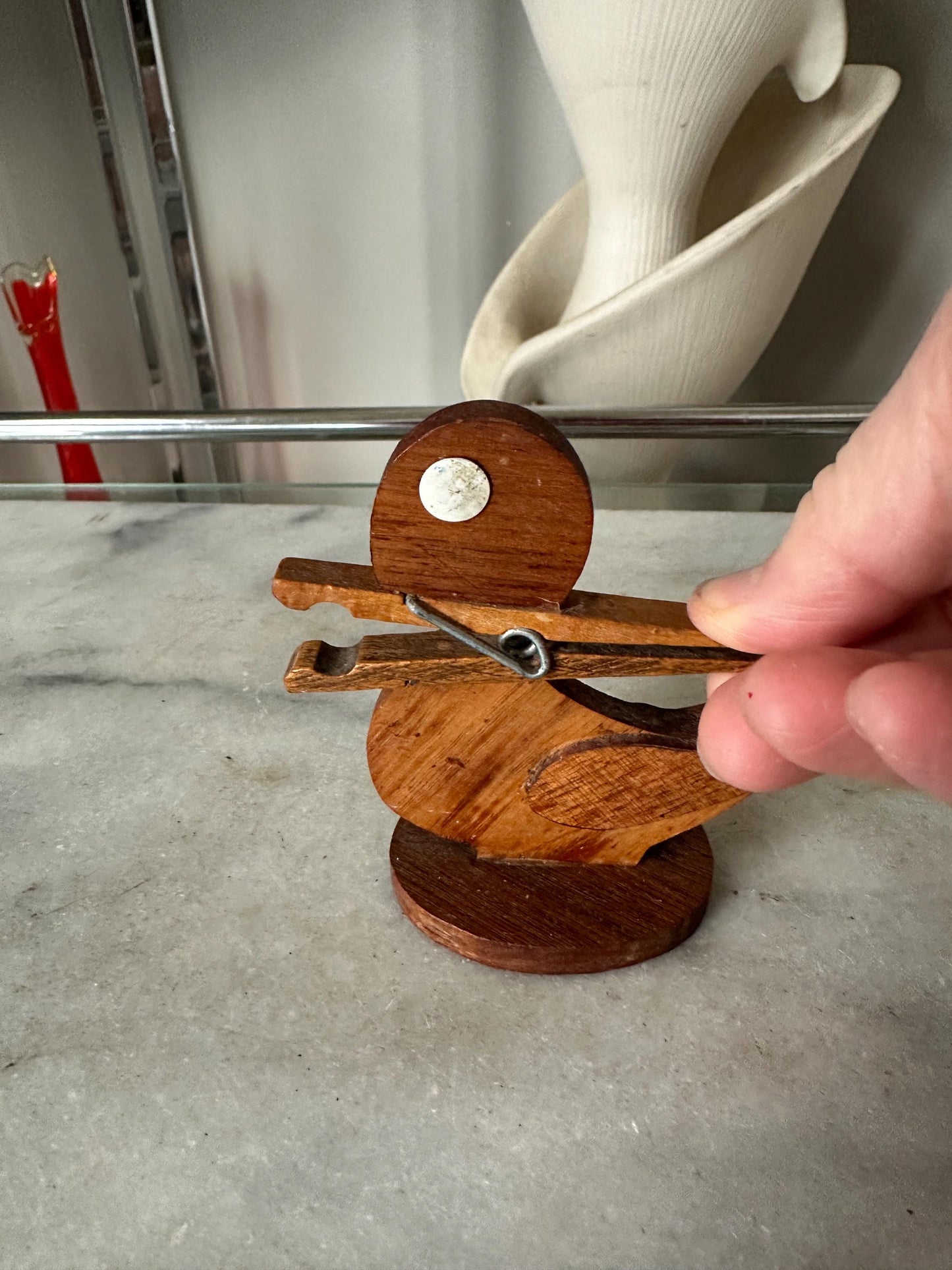 Quirky Handcrafted Wood Duck Figural Clothespin Bill / Recipe / Note Decorative Holder