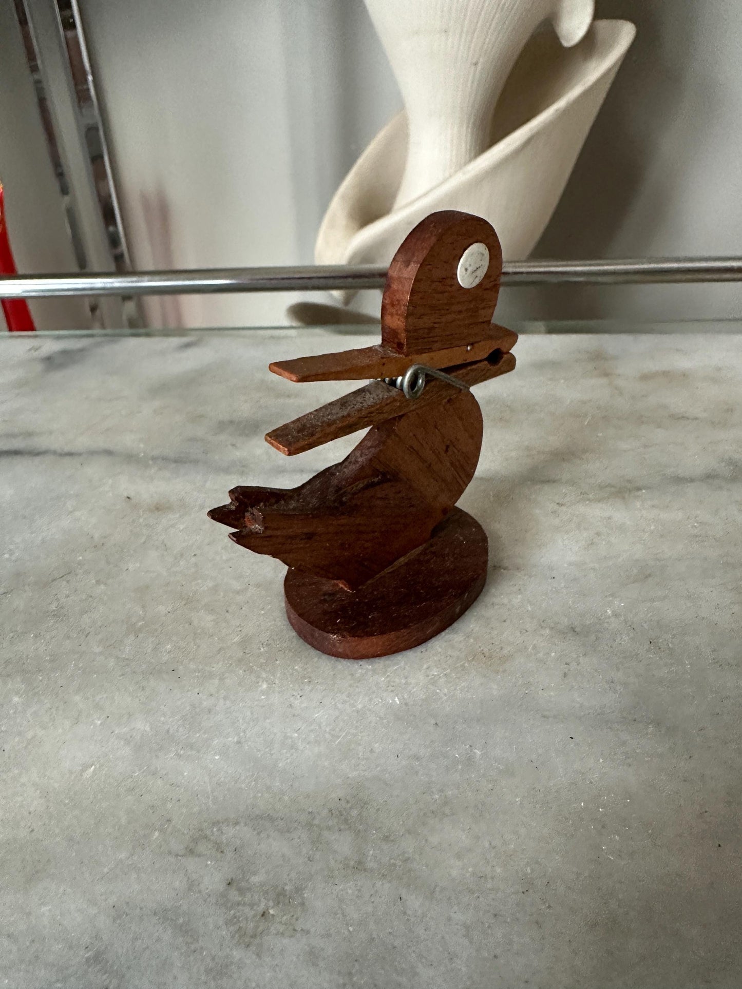 Quirky Handcrafted Wood Duck Figural Clothespin Bill / Recipe / Note Decorative Holder