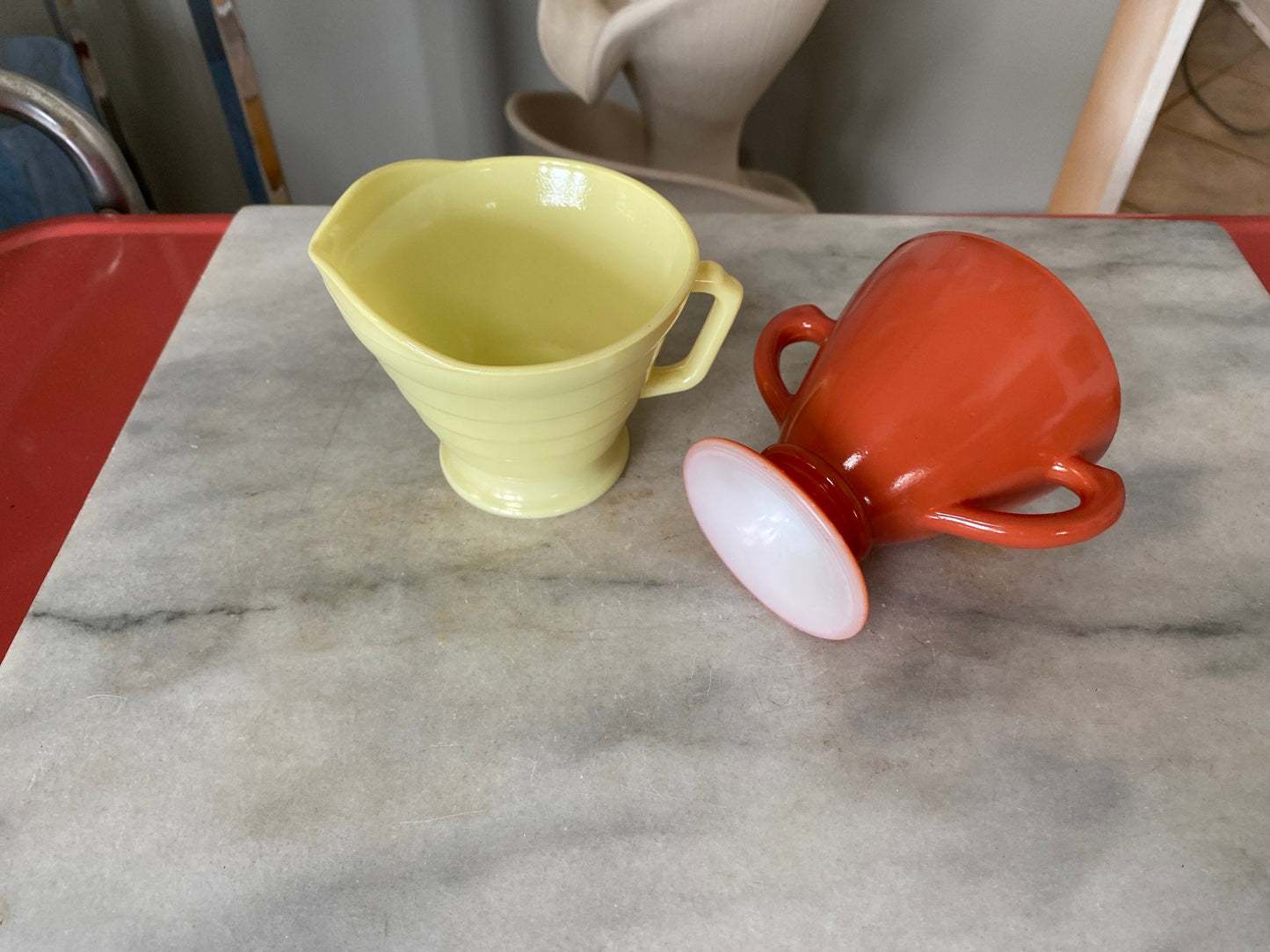 Vintage Moderntone Platonite 1940’s lemon yellow Hazel Atlas Creamer and Burnt Orange Sugwr Bowl