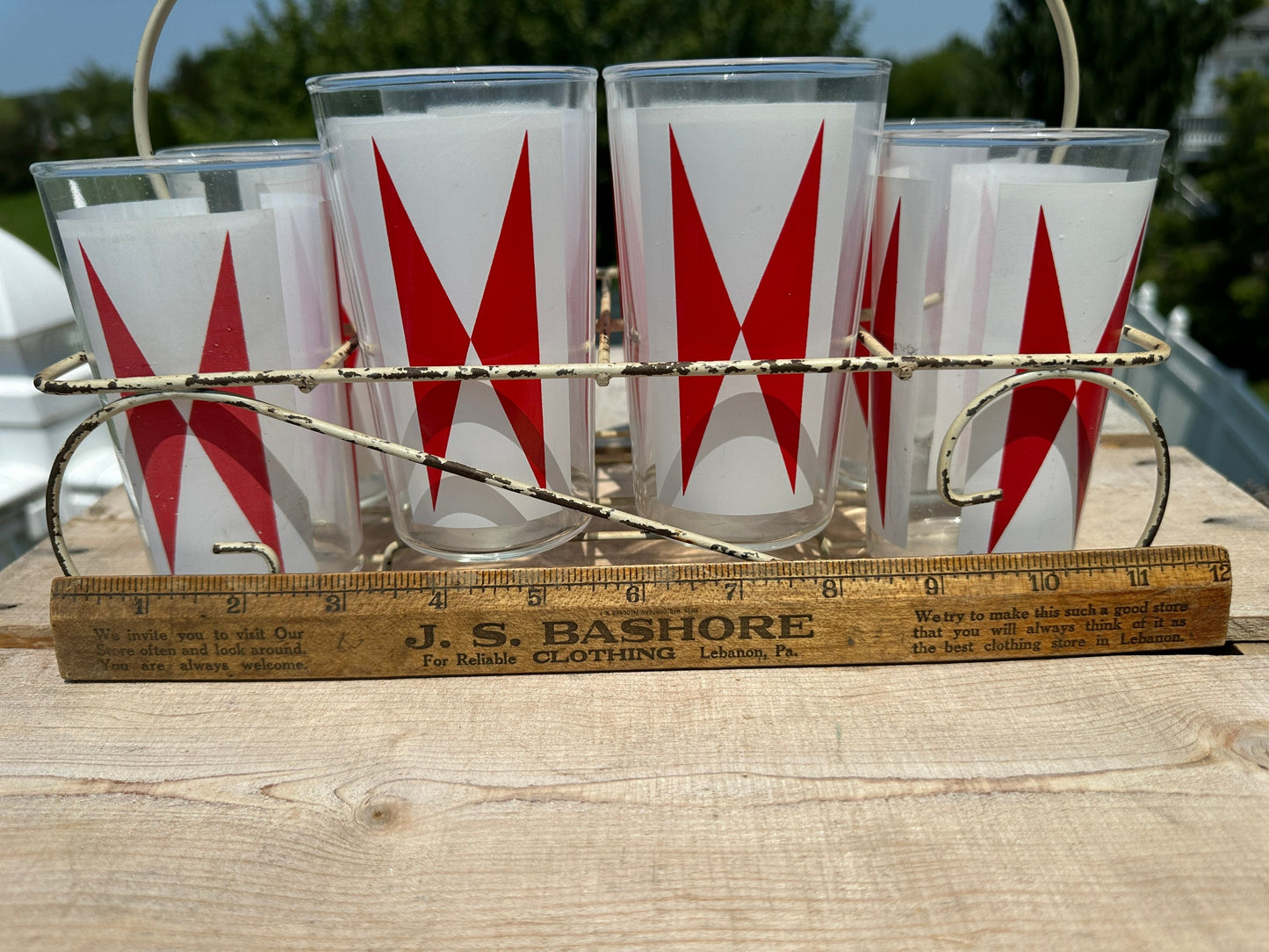 Vintage Anchor Hocking Bow Tie Tumblers (Set of 8) - MCM Barware with Wire Caddy